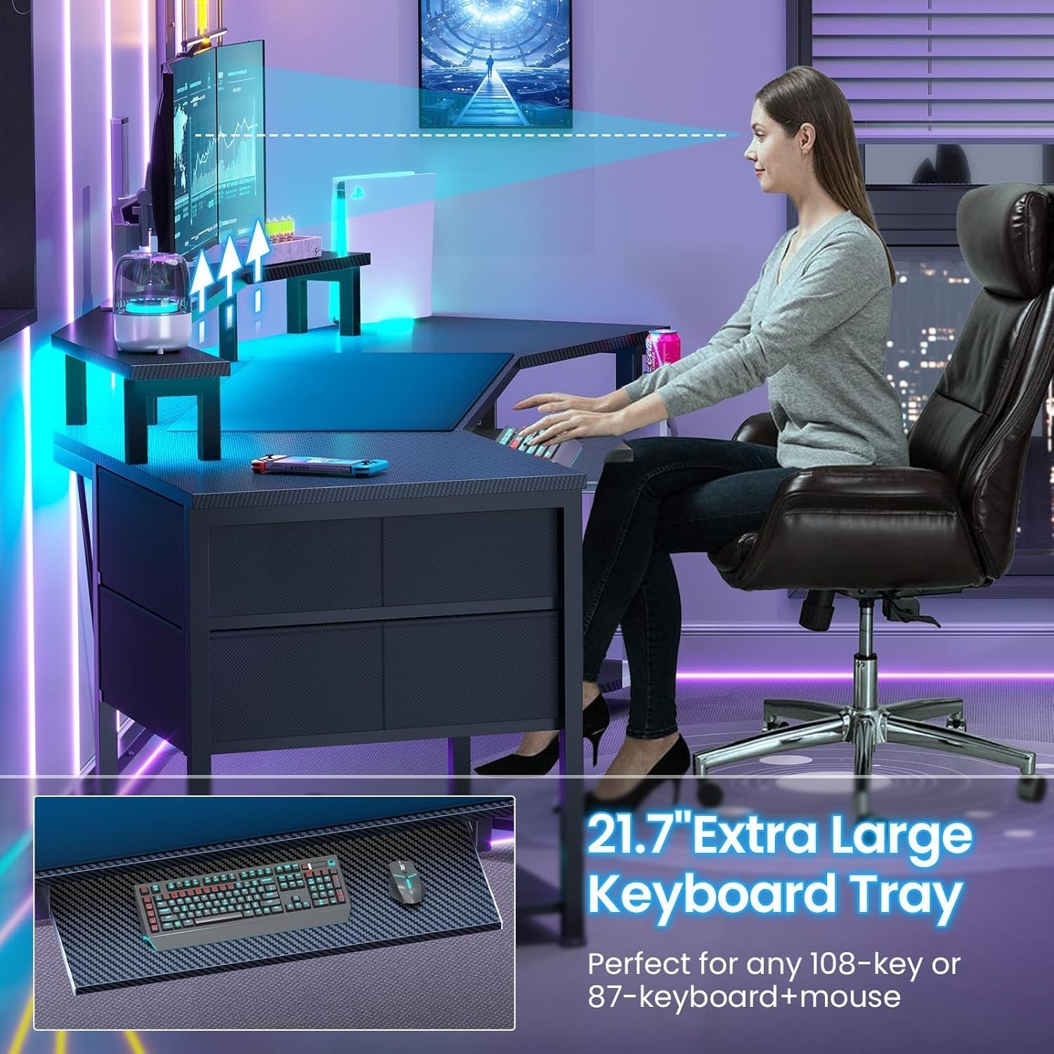 79 Inch Gaming Desk With LED Lights And Storage