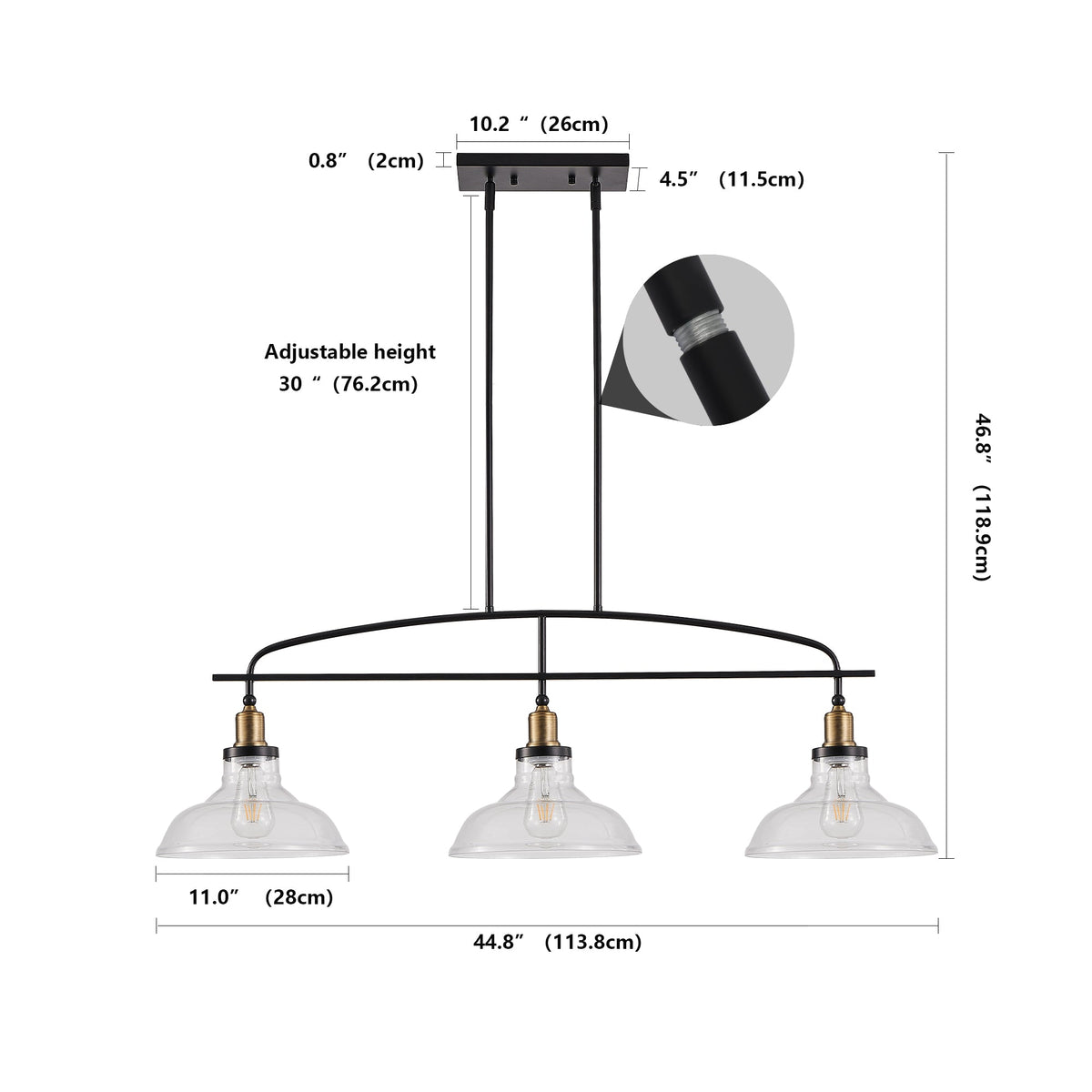 45" Industrial 3-Light Pendant Chandelier with Clear Glass Shades