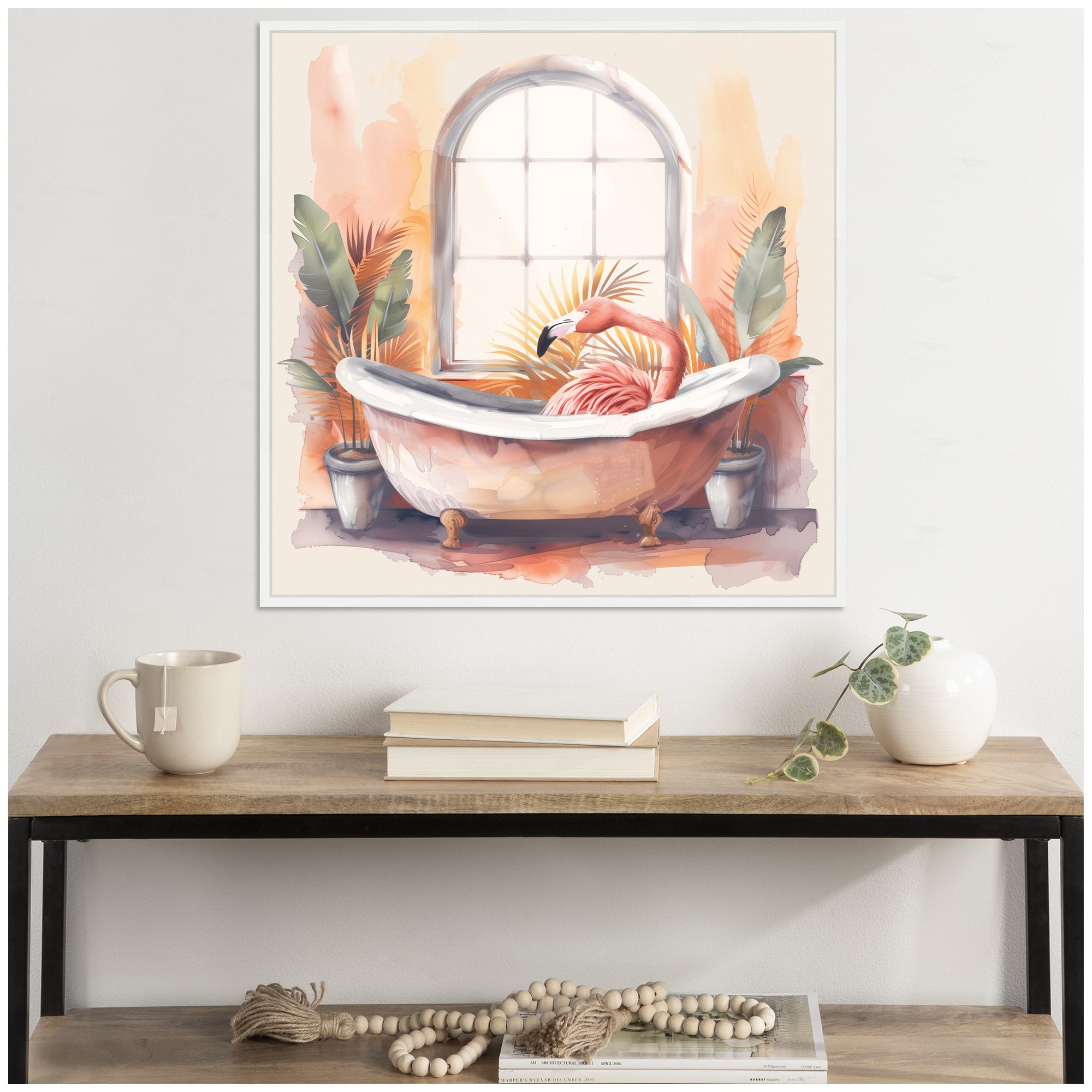 Sylvie Flamingo Bath Pastel Tropical Bathroom Watercolor Framed Canvas by The Creative Bunch Studio