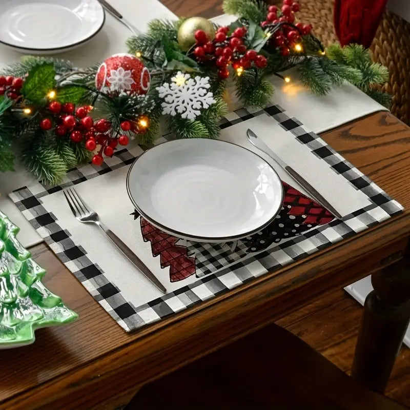 Set of 4 Buffalo Plaid Christmas Trees Placemats - Festive Winter Table Mats-4
