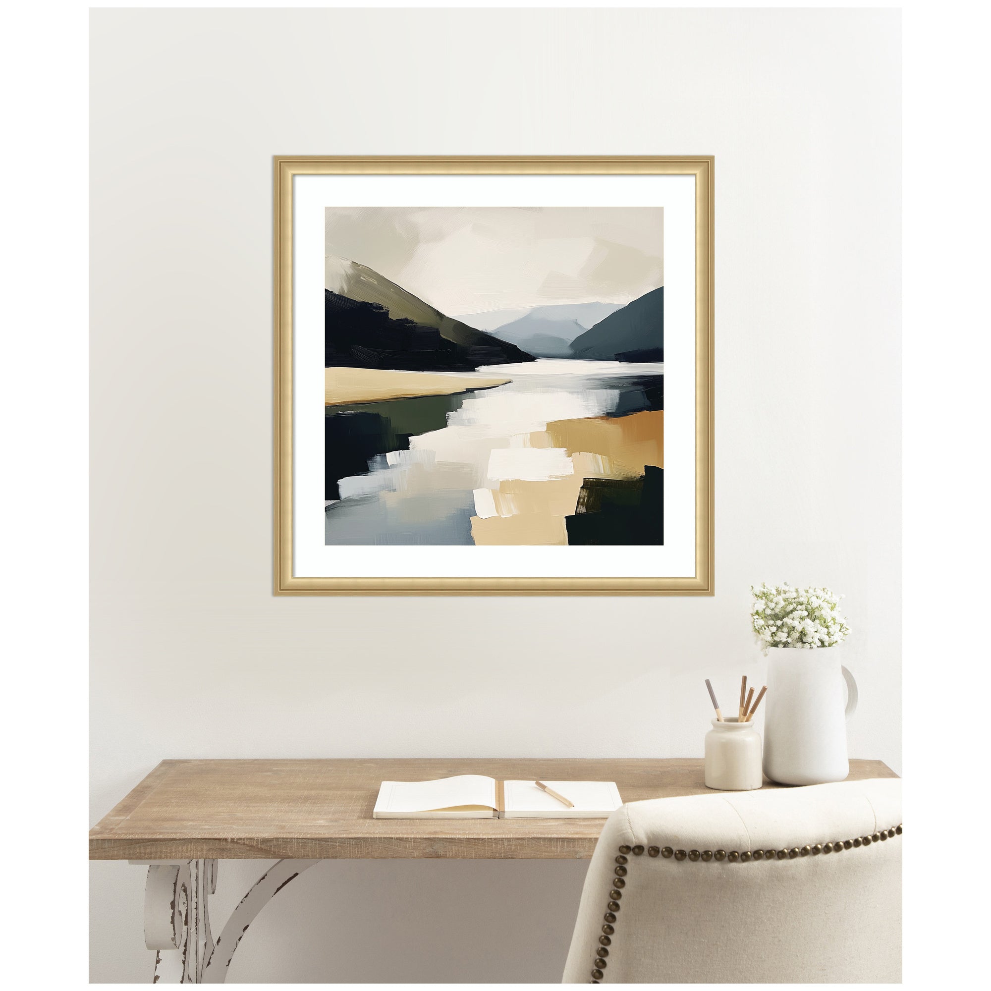 Framed Art Mountain Lake Modern Abstract Landscape by The Creative Bunch Studio