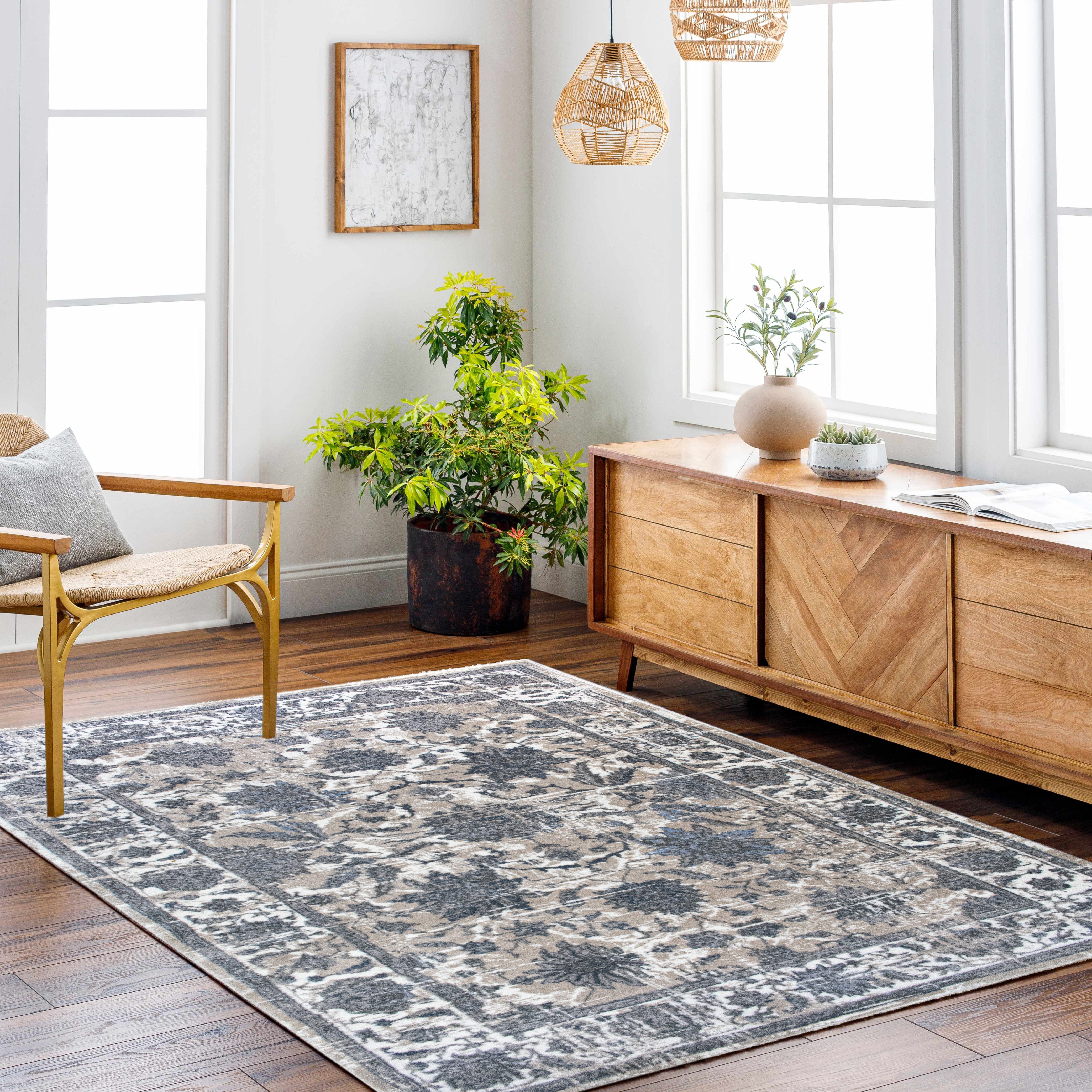 ROY's Home Navy Big Flower Area Rugs, Vintage Effect Lines