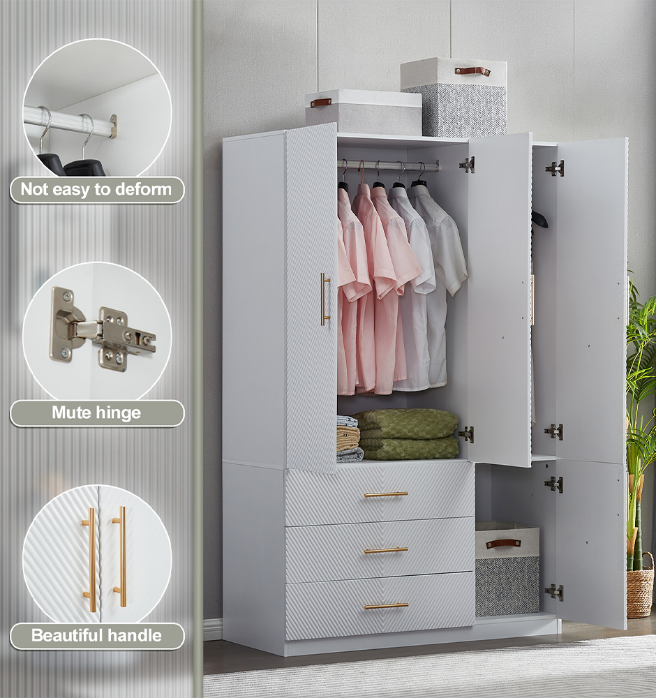 74.2” Tall 3-Door White Wardrobe Closet | Wood Armoire with Hanging Rod & Shelves for Bedroom and Bathroom Storage Cabinet