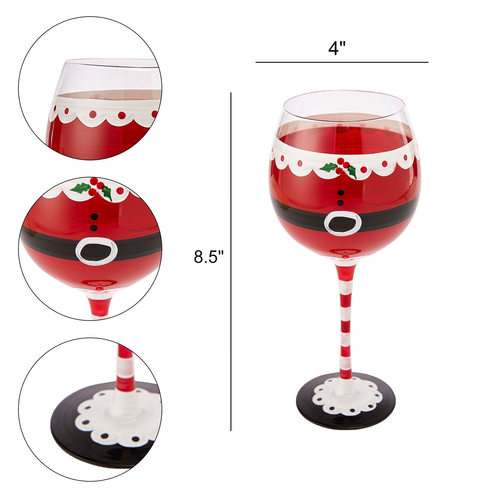 Santa's Elf Stemmed Wine & Water Glasses - Set of 2 - Shining Red & Black, 9" H - Christmas & Holiday Parties Glassware - Xmas Tree - Set of 2, 17.5oz - Santa Festive Glass - Great Gift!-2