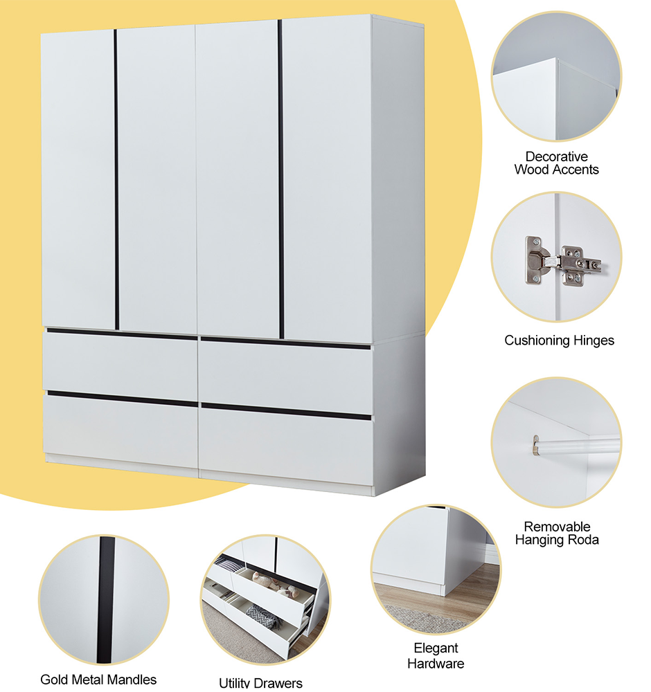 74.2" H White 4-Door Wardrobe Closet – Modern Wood Armoire with Black Accents & Hanging Rod