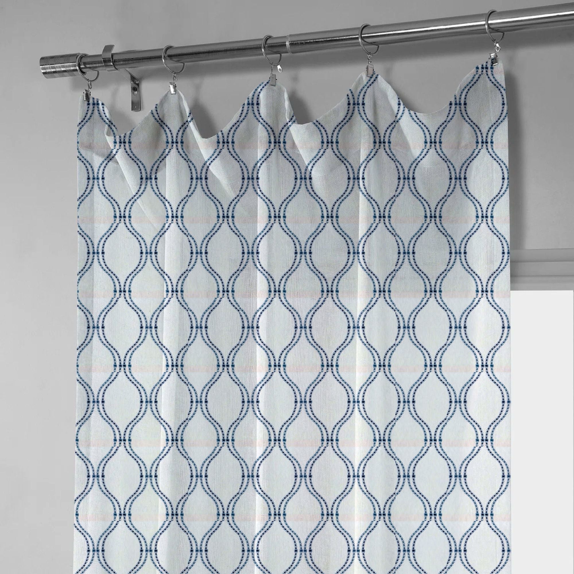 White & Navy Linen Sheer Curtains | Embroidered Ogee Trellis Design | Custom Sizes & Headings-1