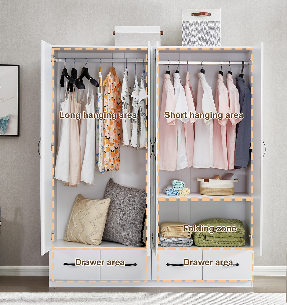 White Mirror Wardrobe Closet – 4-Door Wooden Freestanding Armoire with Shelves & Hanging Rod