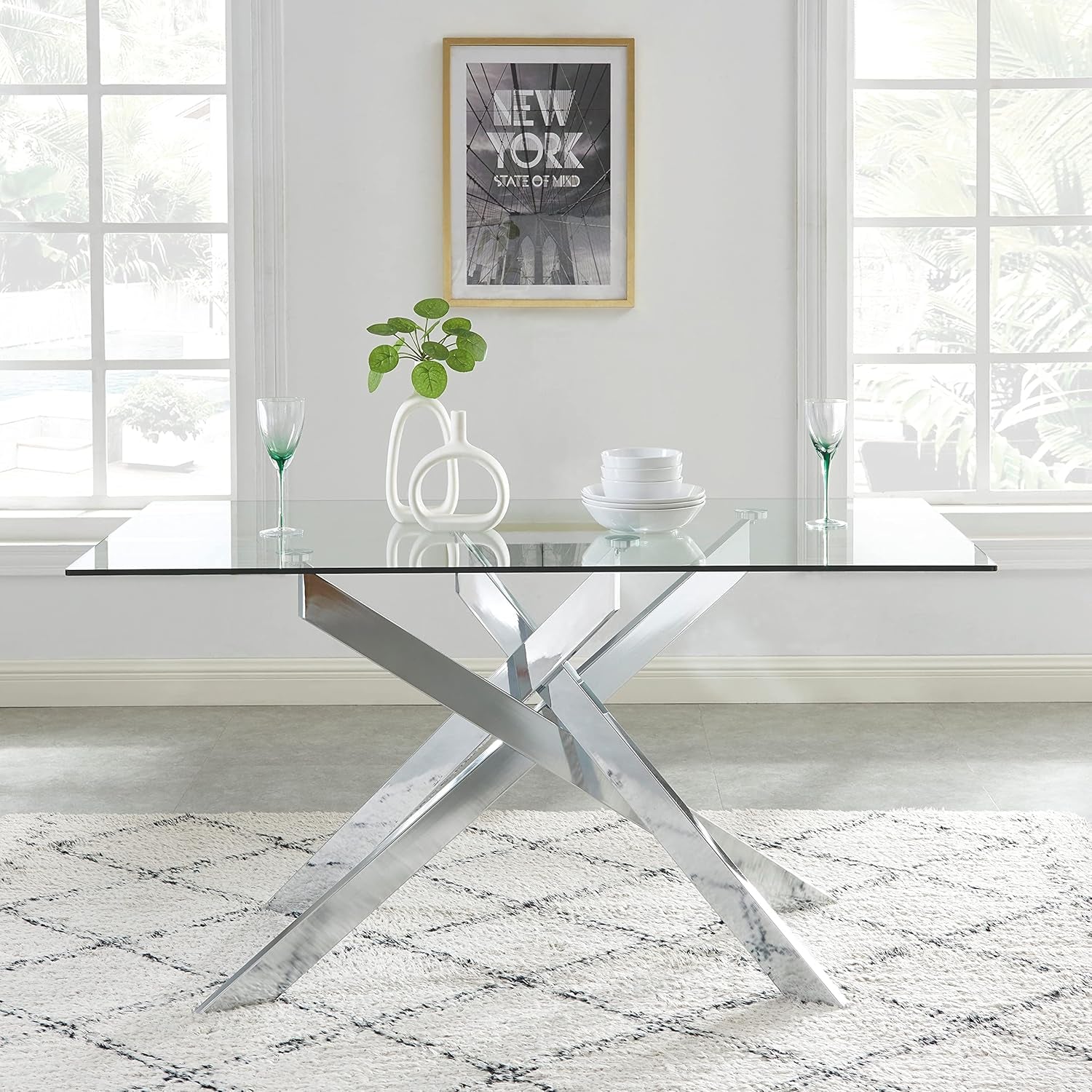 58.5 Inch Rectangular Glass Dining Table With Silver Finish