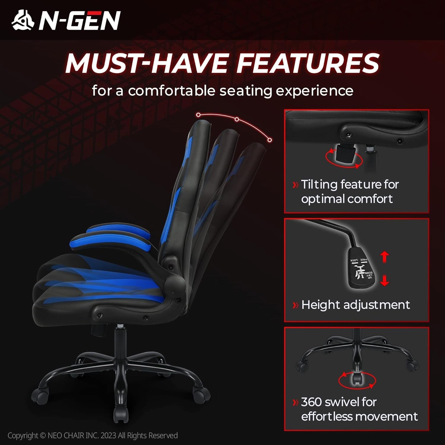 Blue Ergonomic Gaming Chair With Adjustable Height