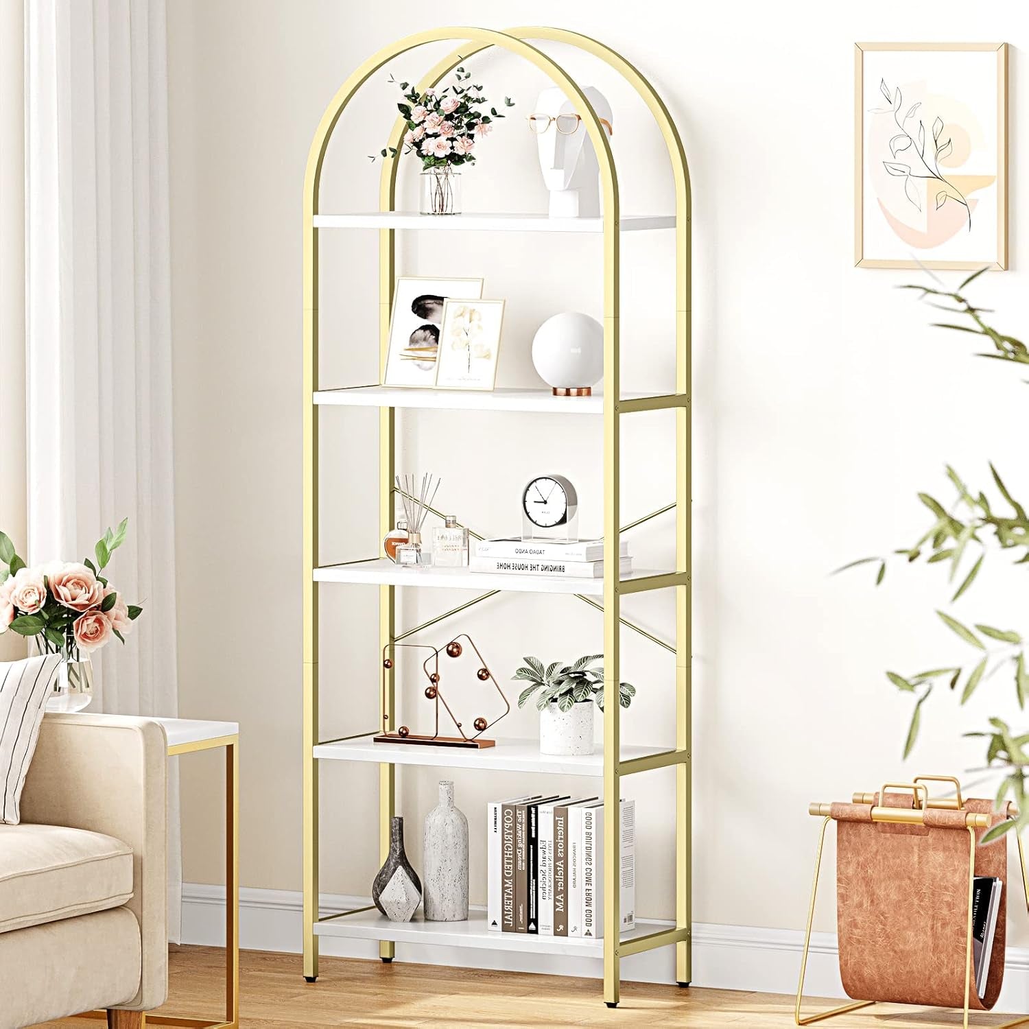 5 Tier Bookshelf Arched Display White Gold Metal Frame Bookcase-3