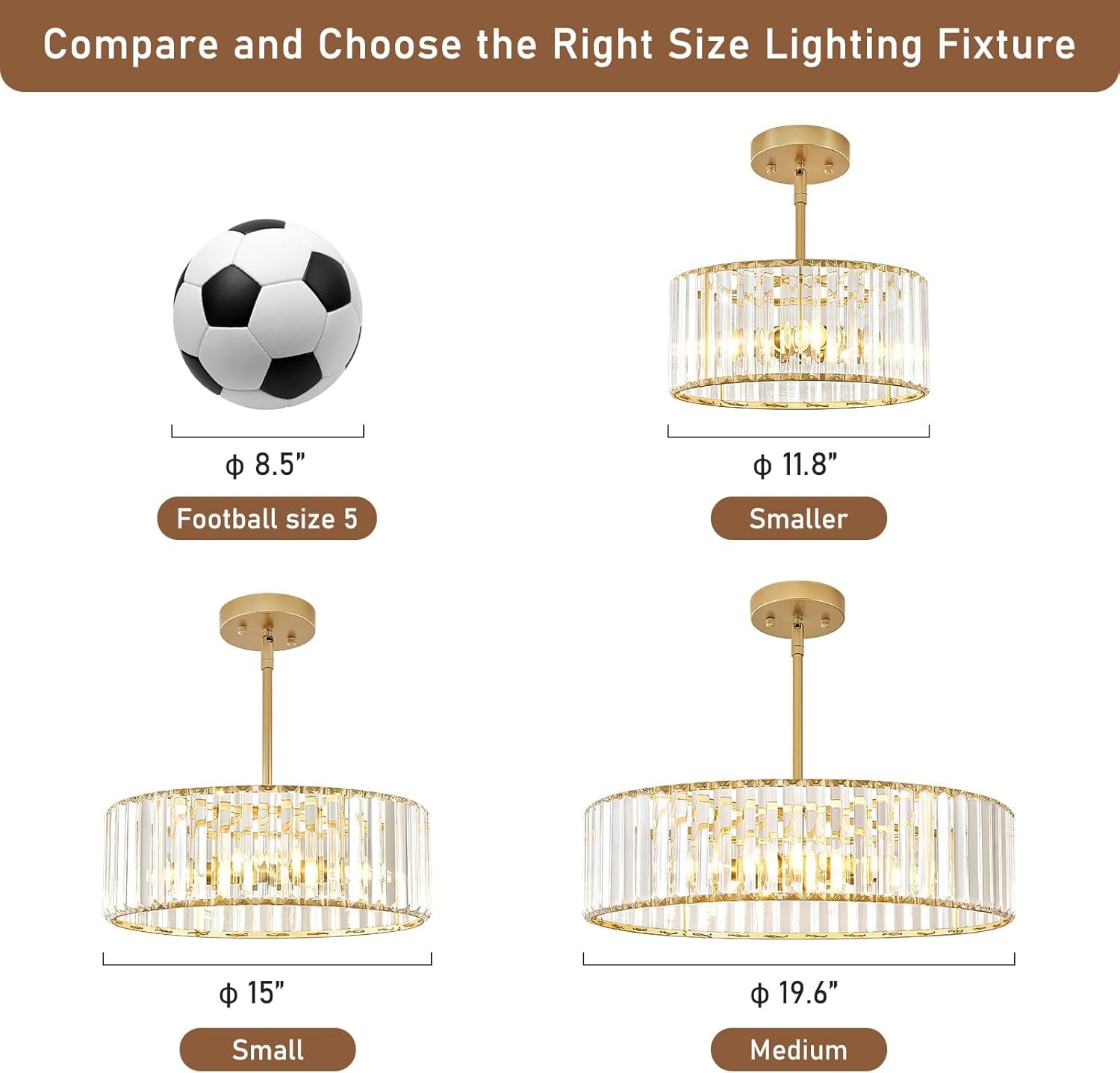 Gold Crystal Chandelier 11 Inch 3 Light Semi Flush Ceiling-4