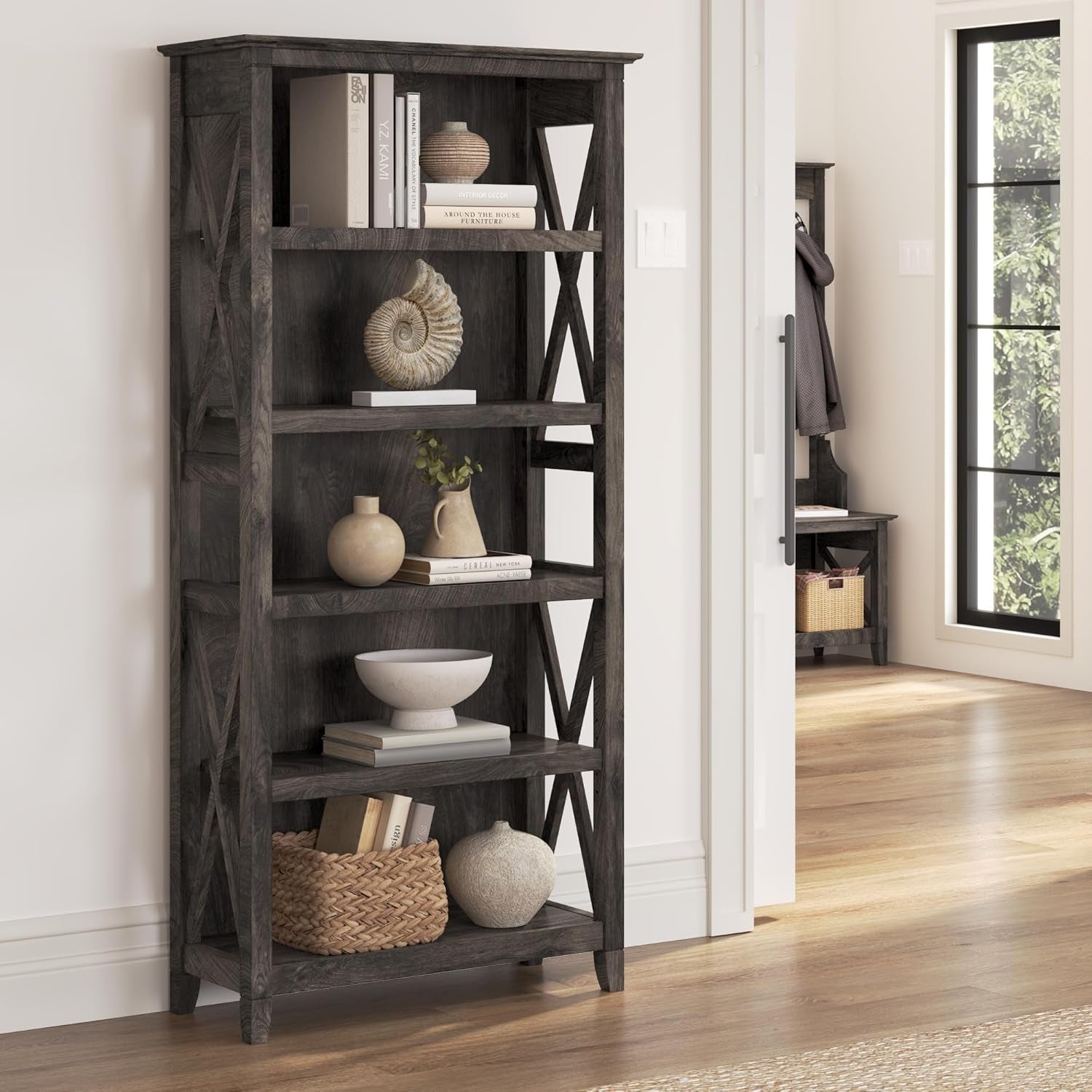 Bush Furniture Tall 5 Shelf Bookcase Dark Gray Hickory