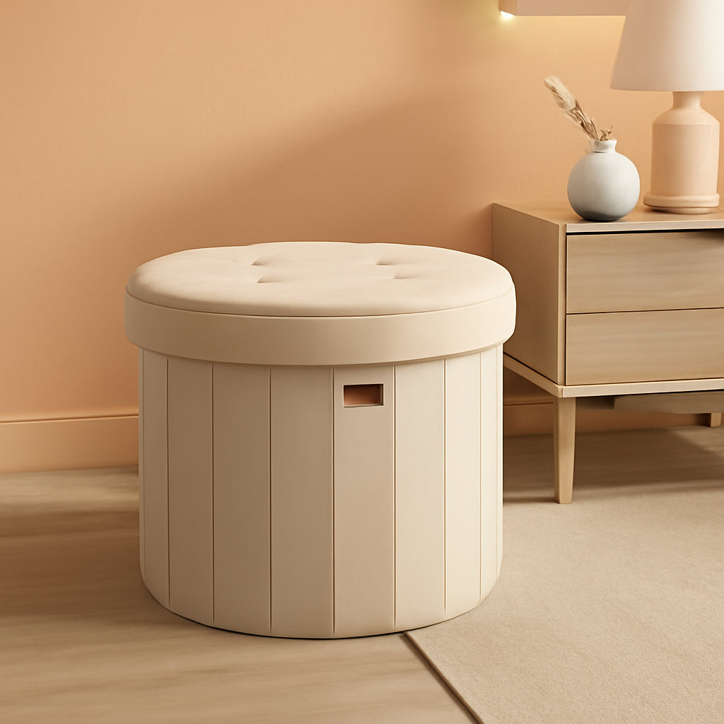 Round Folding Storage Ottoman Cappuccino Beige Velvet