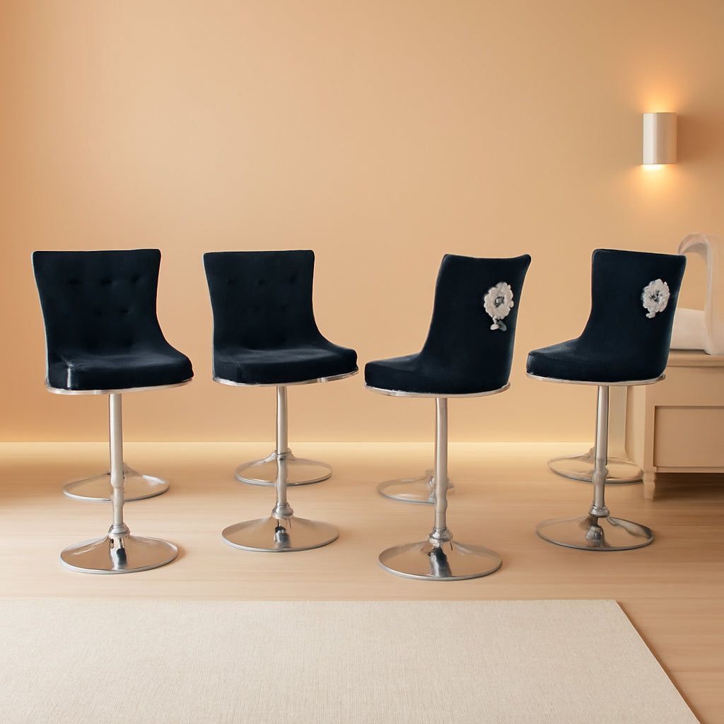 Velvet Swivel Bar Stools Adjustable Set Of 4 In Black