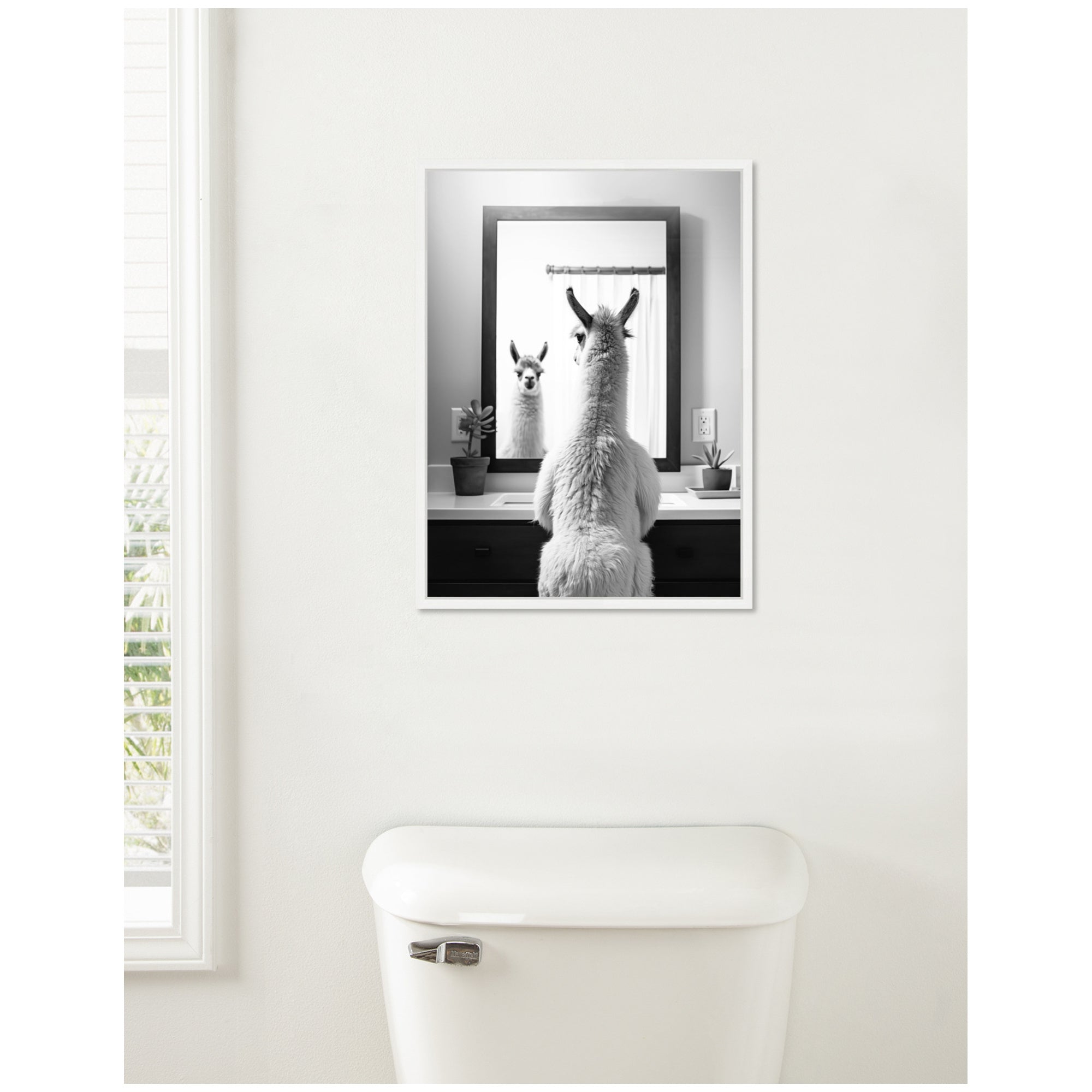 Sylvie Llama Bathroom Art Mirror Black and White Framed Canvas by The Creative Bunch Studio