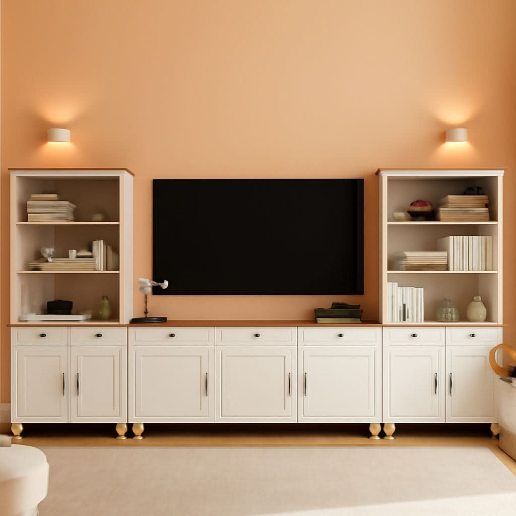Farmhouse TV Stand For 75 Inch TV Off White 8 Doors