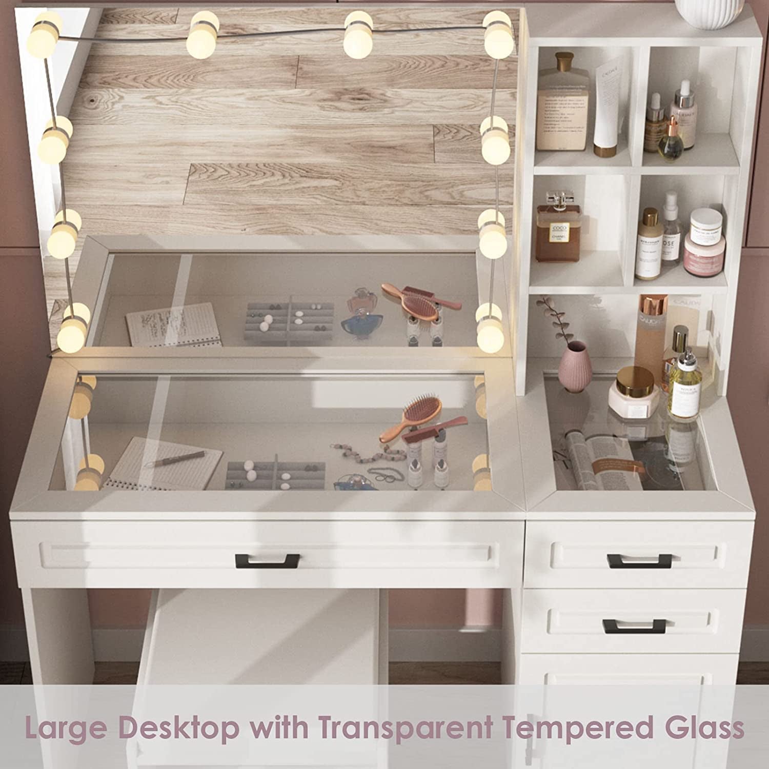 White Vanity Table Set With Glass Top Hollywood Mirror