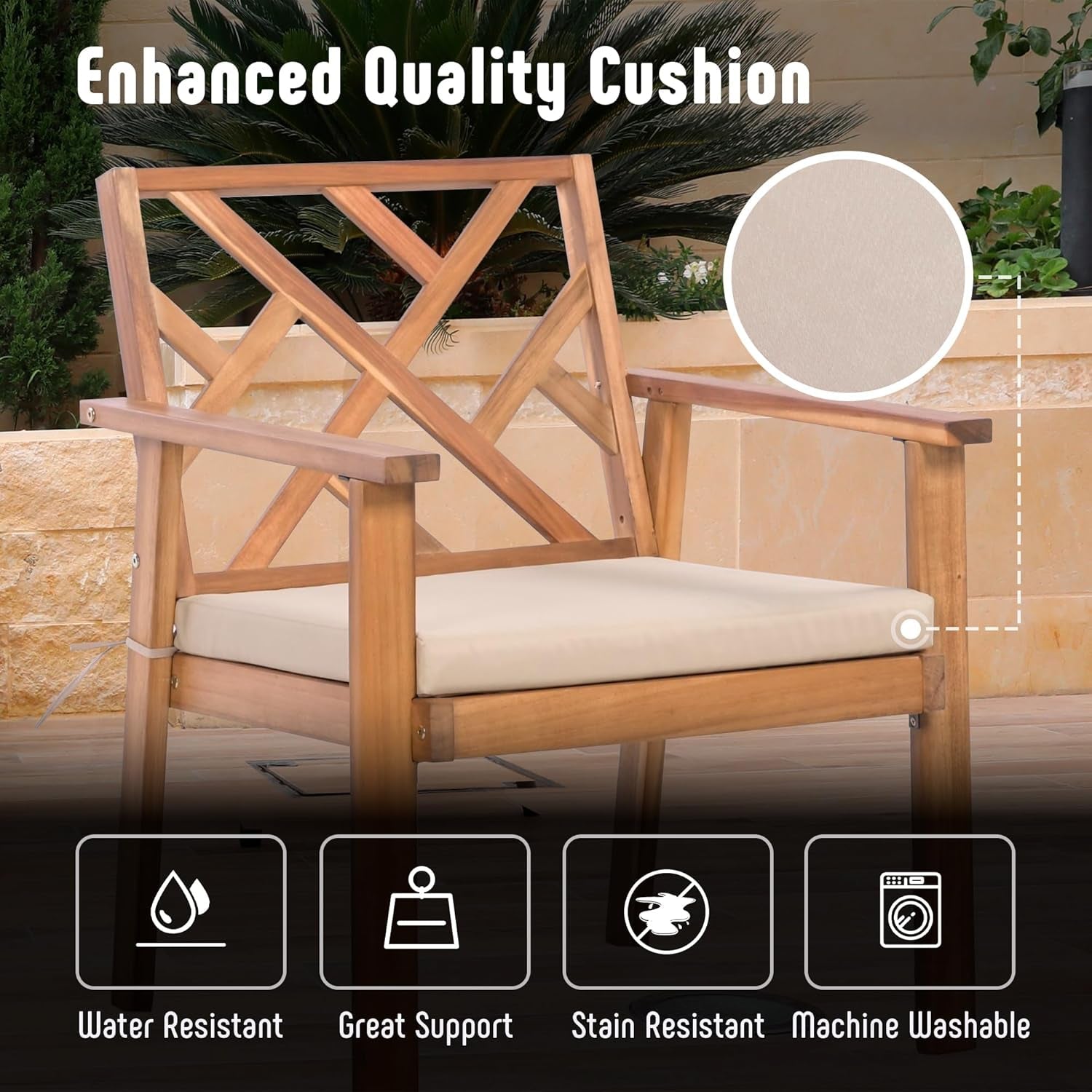 3 Piece Outdoor Patio Furniture Set Acacia Wood Cushioned Chairs And Coffee Table