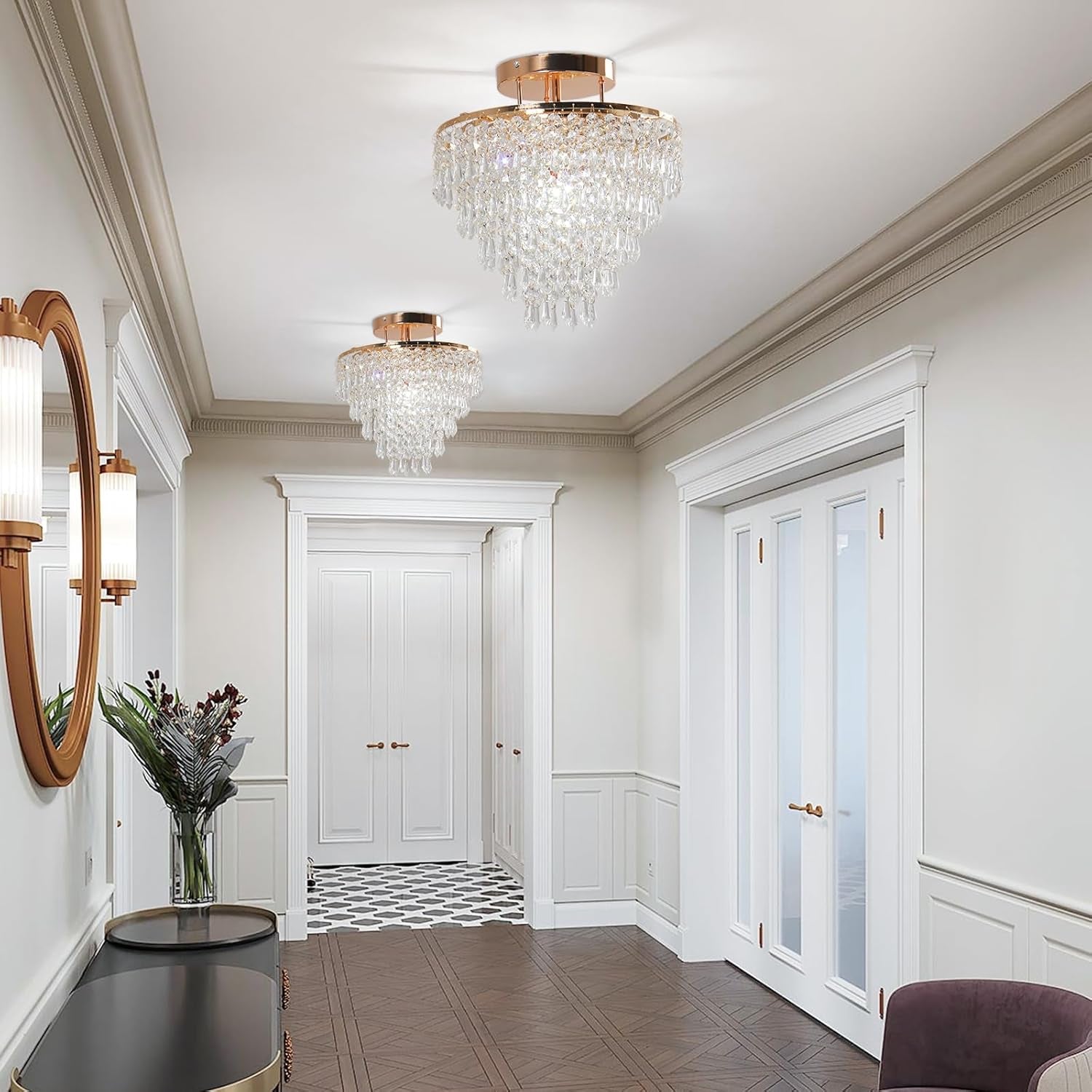 Gold Crystal Flush Mount Chandelier 30cm Ceiling Light-2