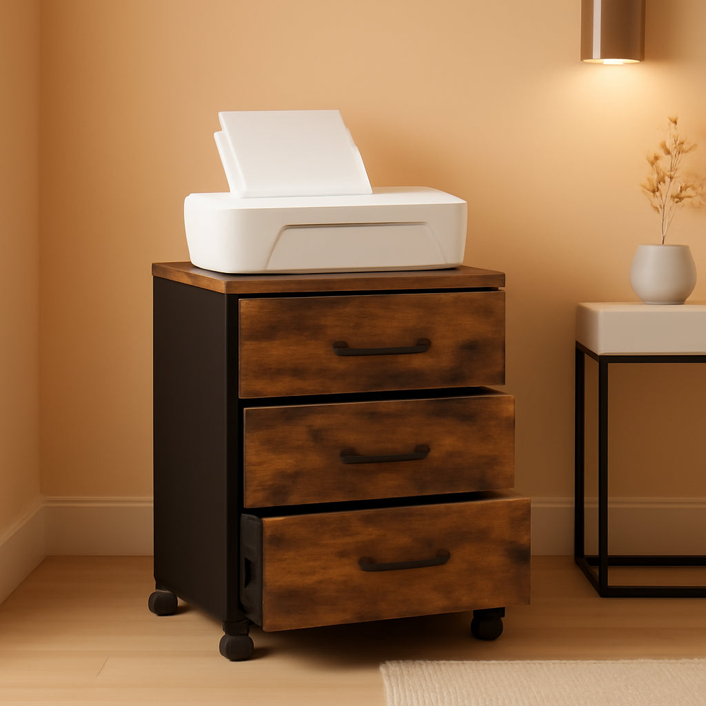 Three Drawer File Cabinet With Wheels For A4 And Letter Documents Rustic Brown