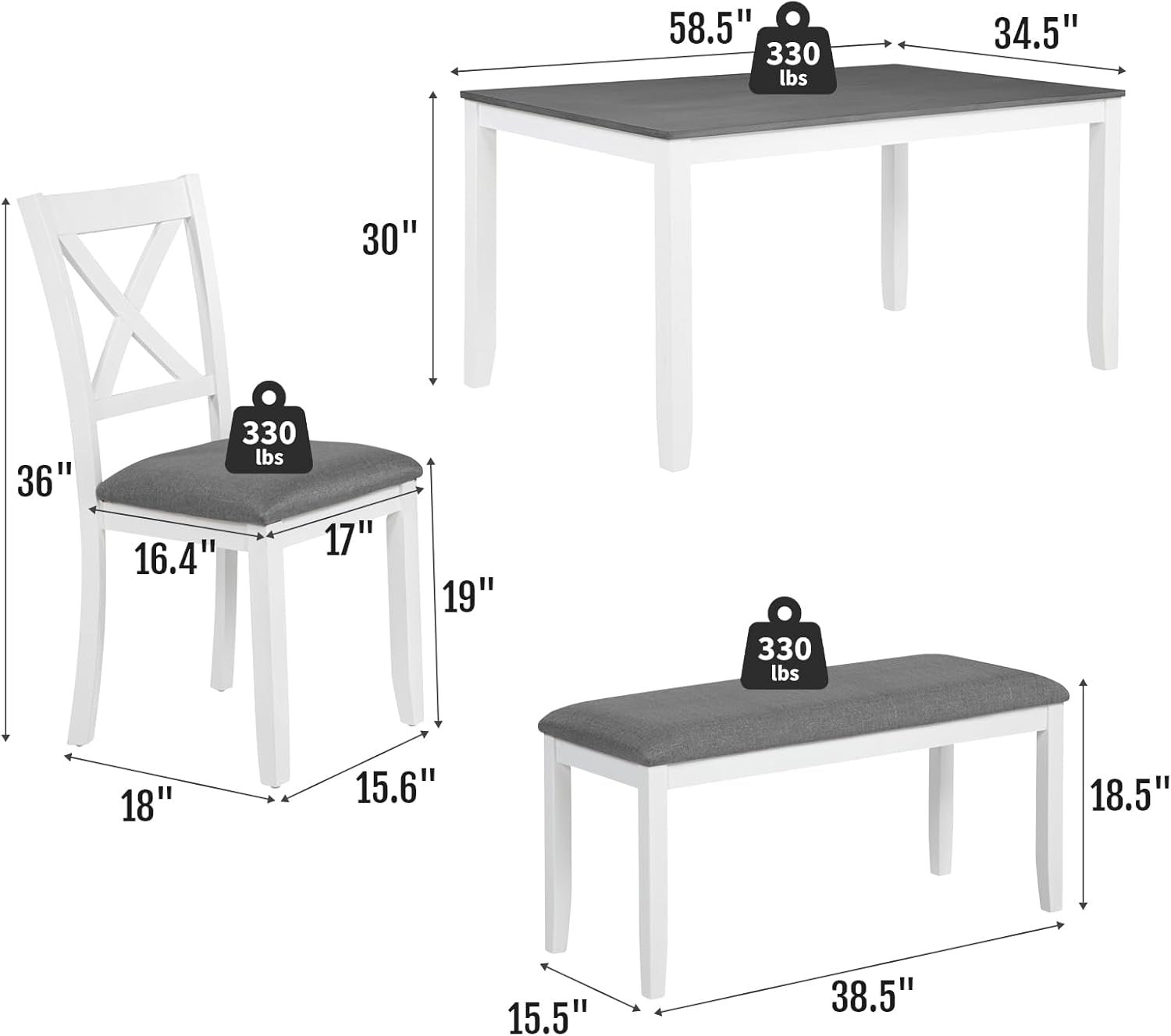 White Slate Grey Solid Wood Contemporary Dining Table Six Seater
