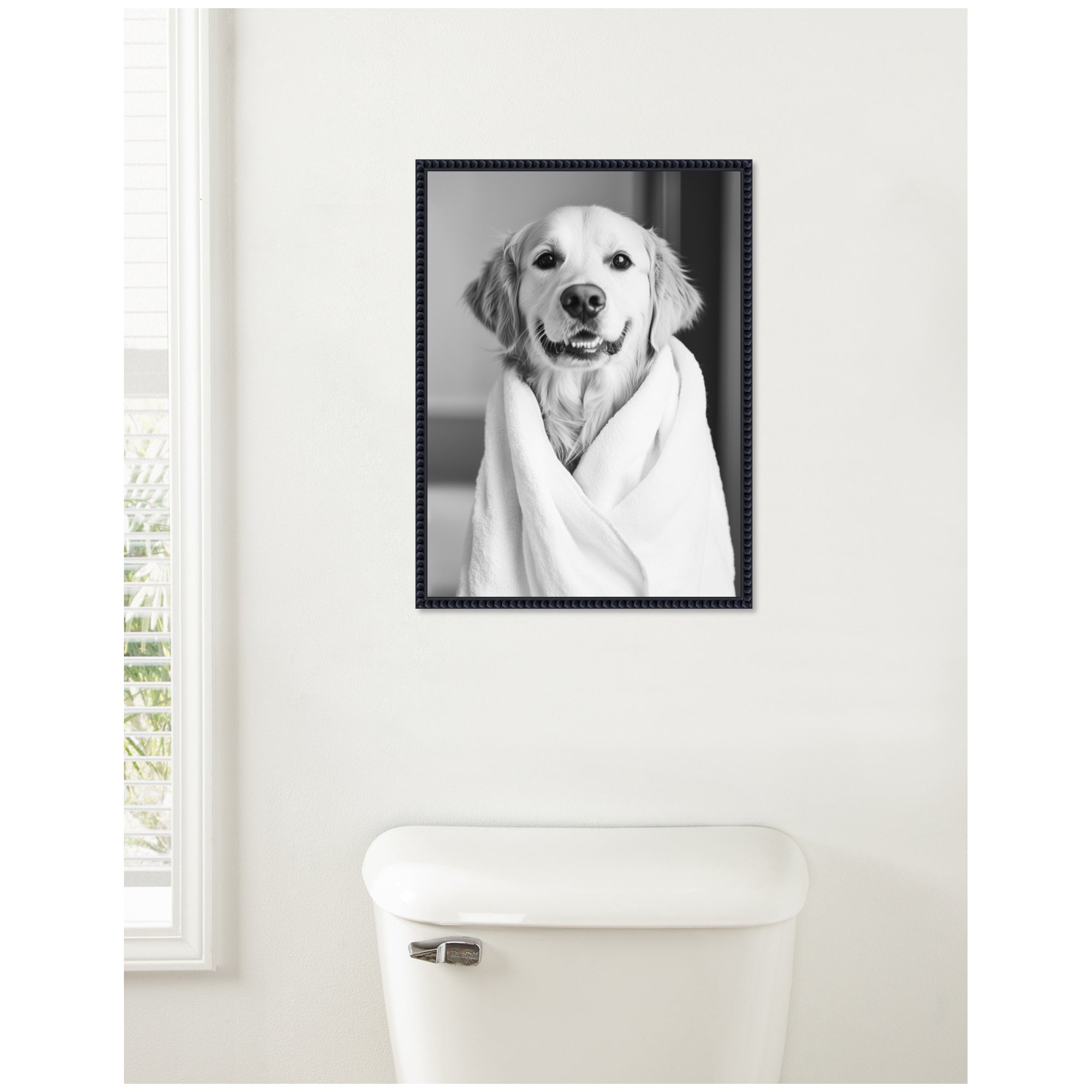 Sylvie Golden Retriever Bathroom Towel Robe Black and White Framed Canvas by The Creative Bunch Studio