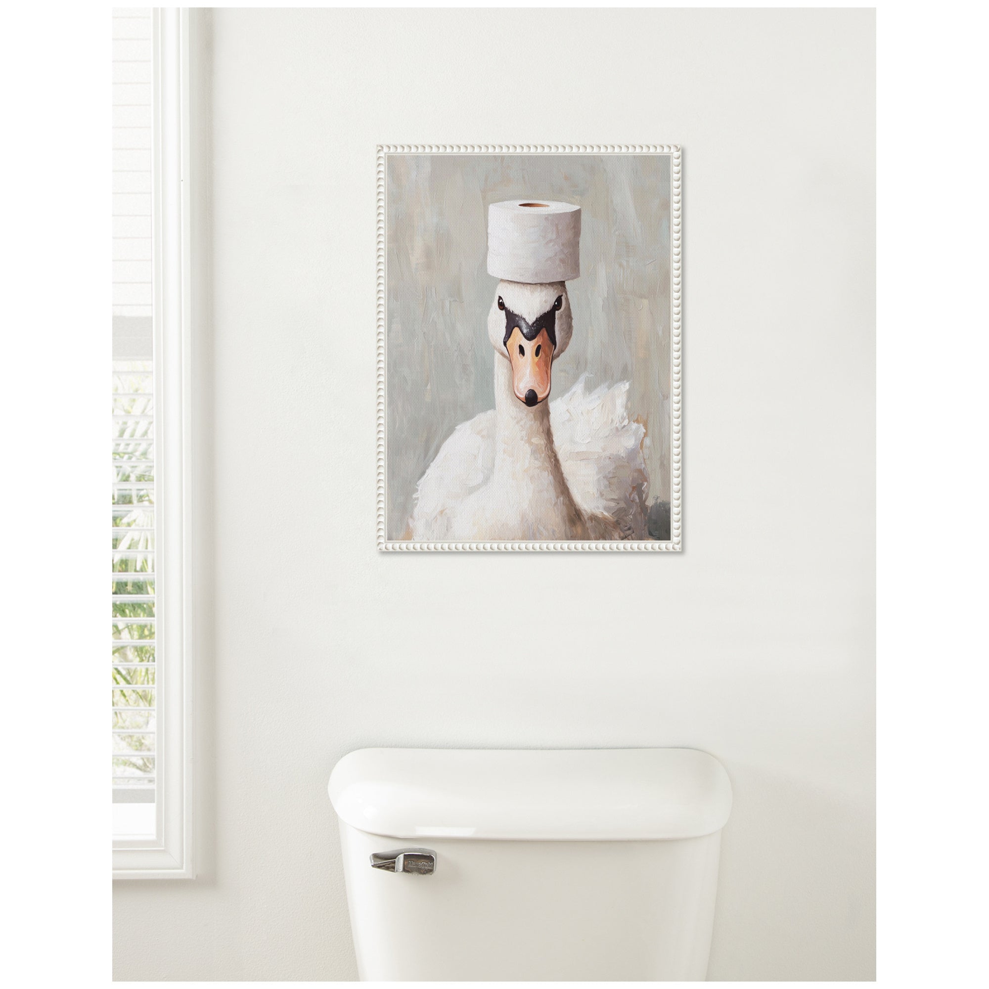 Sylvie Toilet Paper Roll on White Swans Head Bathroom Art Framed Canvas by The Creative Bunch Studio