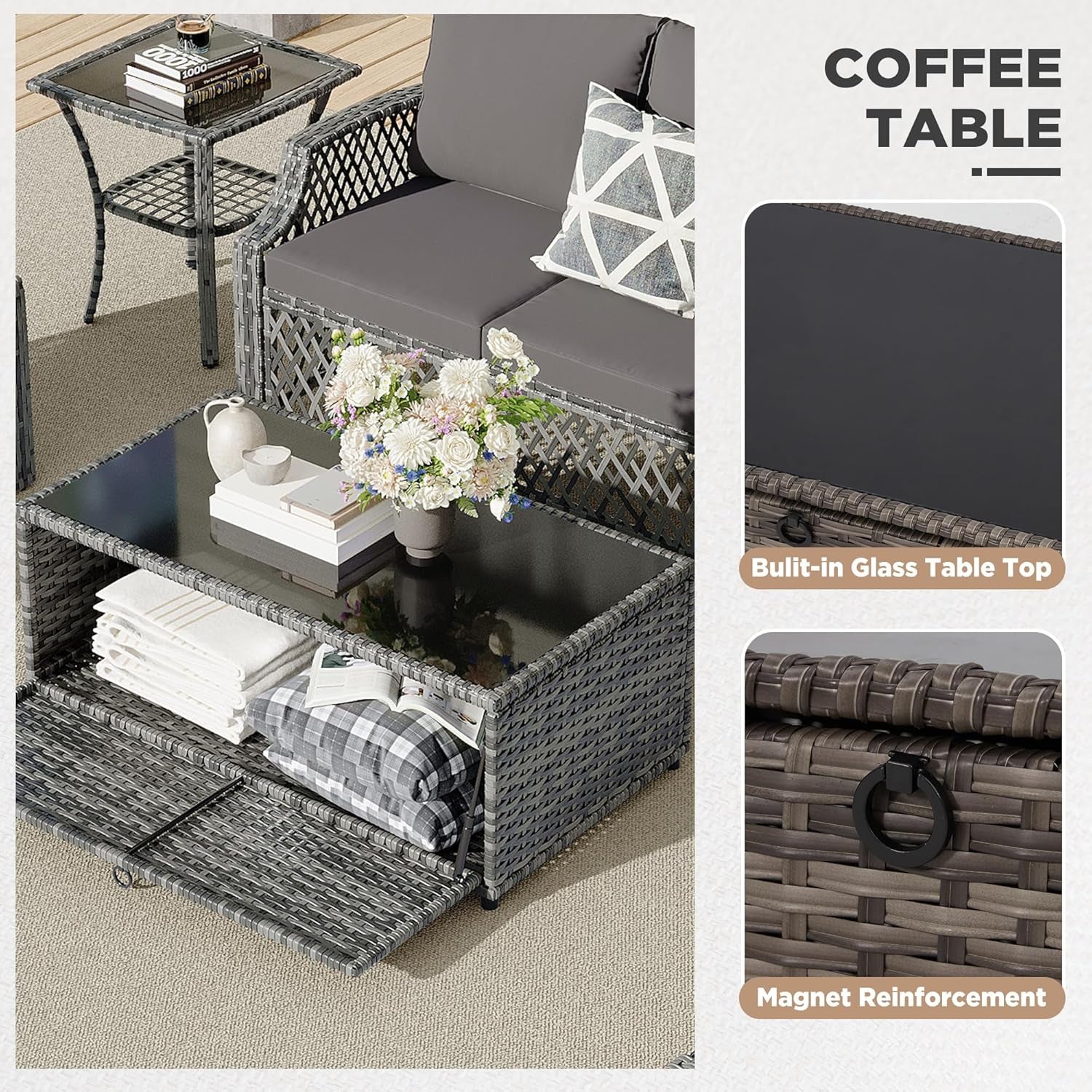 7 Piece Wicker Patio Furniture Set with Storage Coffee Table