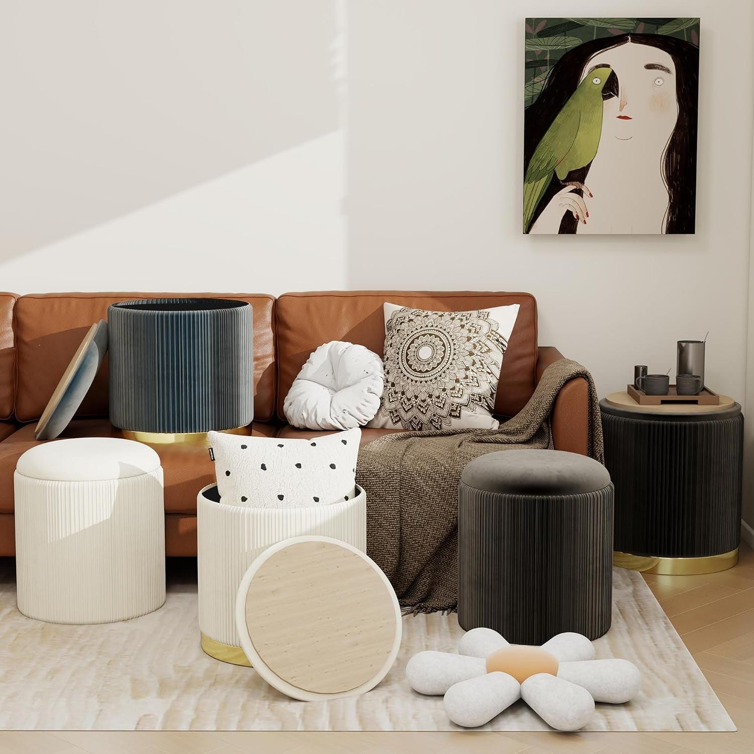 Round Velvet Storage Ottoman Black Lacquered Finish