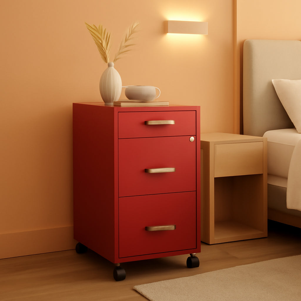 Red Mobile Box File Cabinet 3 Drawer Locking Office Storage
