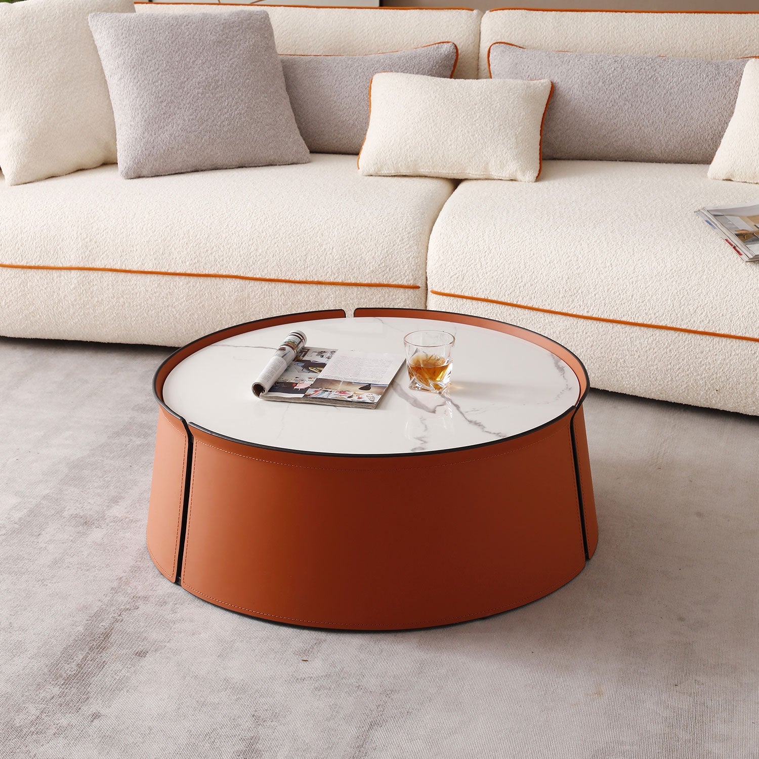 31.5" Coffee Table, Marble Top and Orange Saddle Leather Body-2