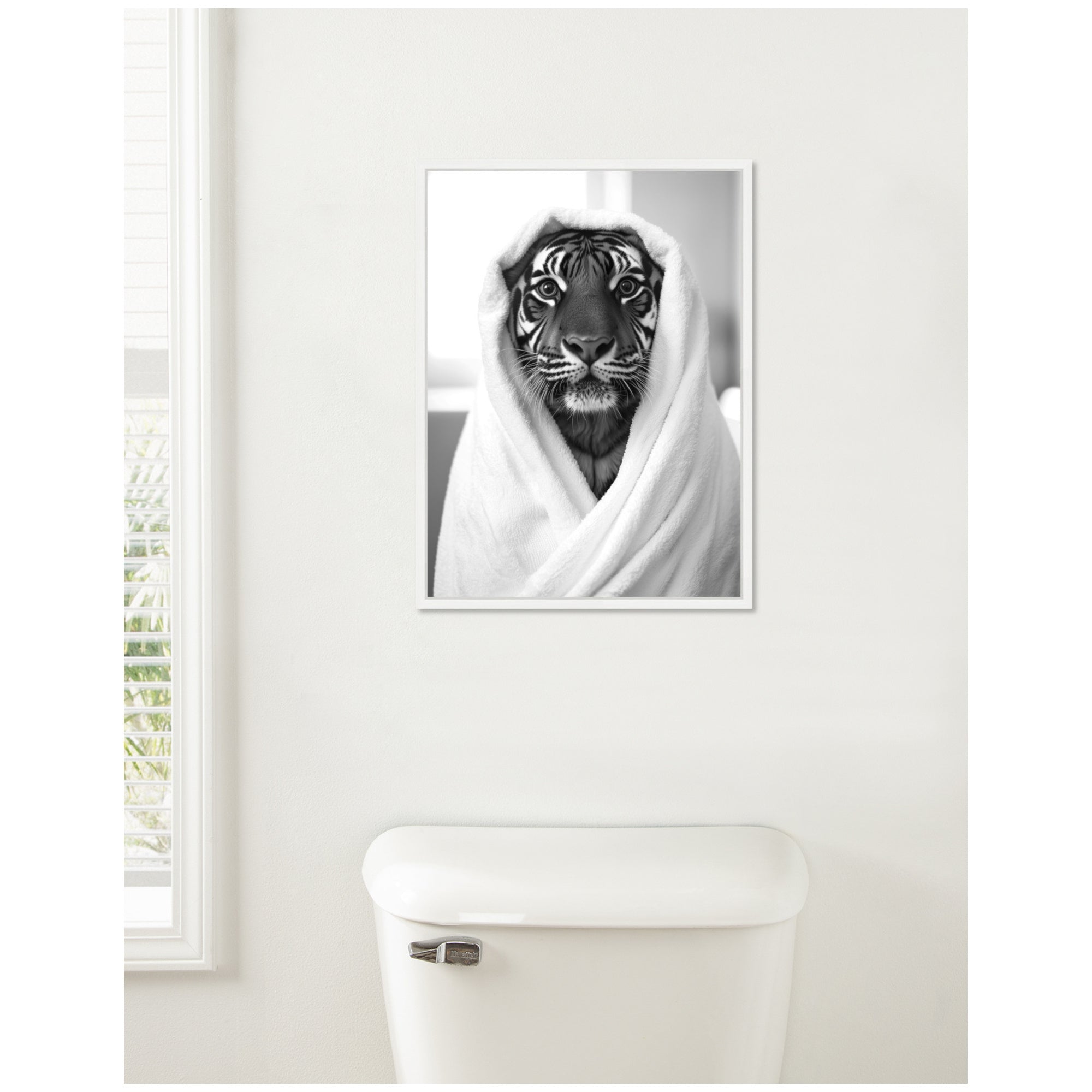 Sylvie Tiger Bathroom Art Towel Robe Black and White Framed Canvas by The Creative Bunch Studio
