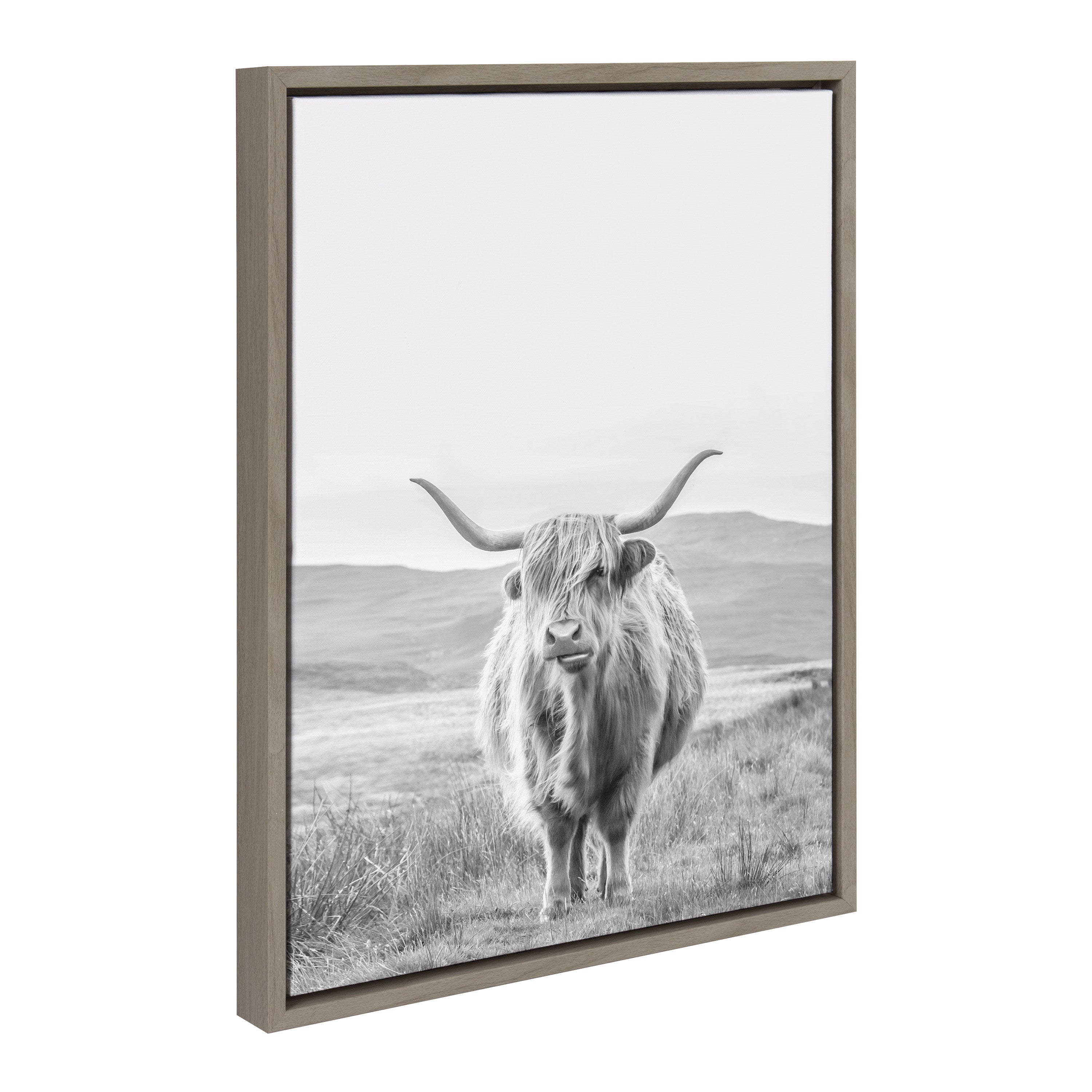 Sylvie Highland Cow Mountain Landscape Black and White Framed Canvas by The Creative Bunch Studio