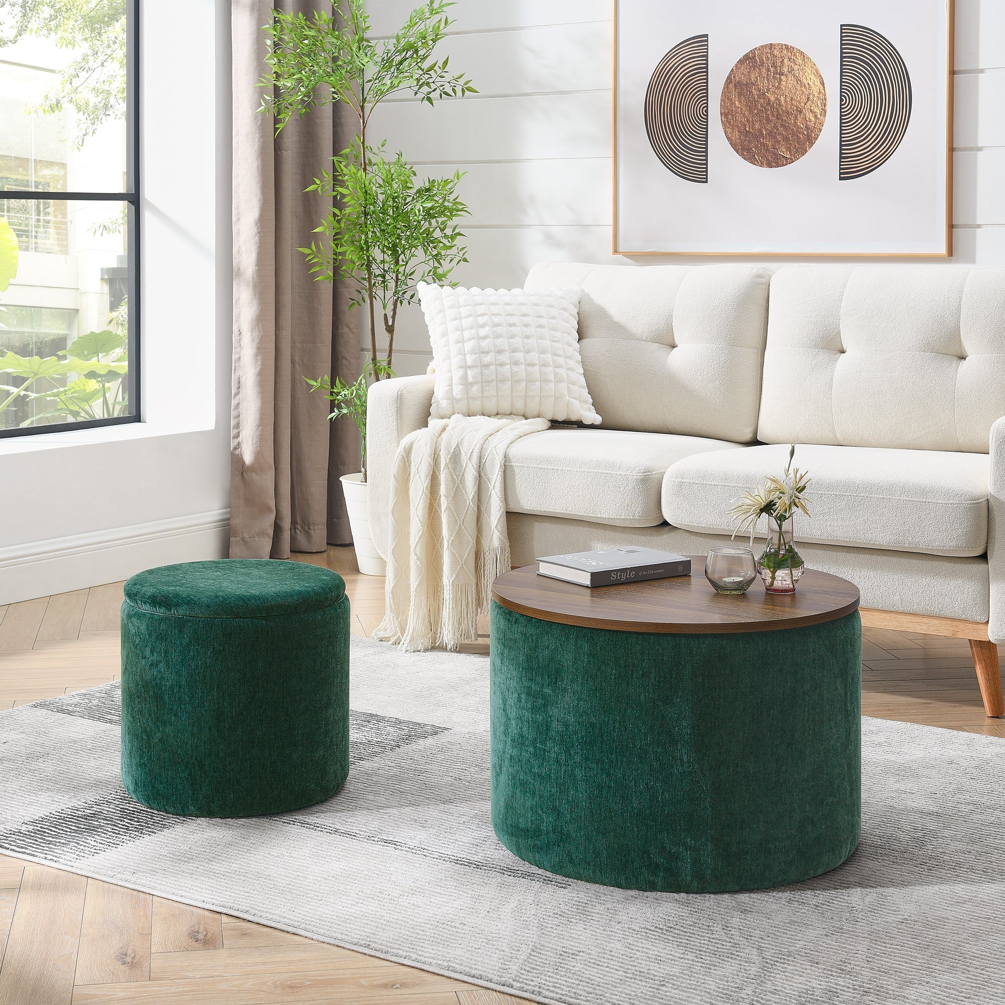 2-Piece Set Round Chenille Storage Ottoman