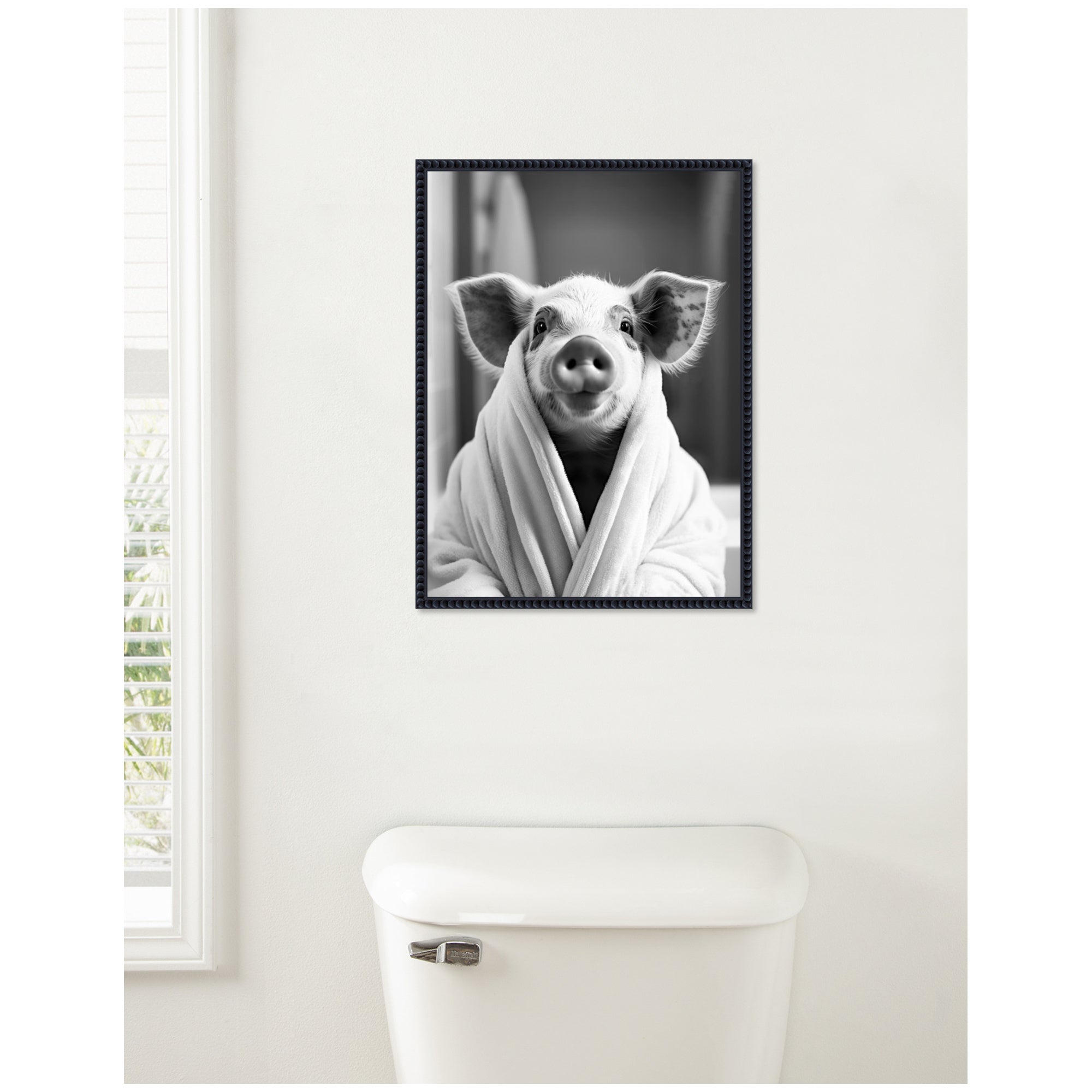 Sylvie Pig Bathroom Art Towel Robe Black and White Framed Canvas by The Creative Bunch Studio