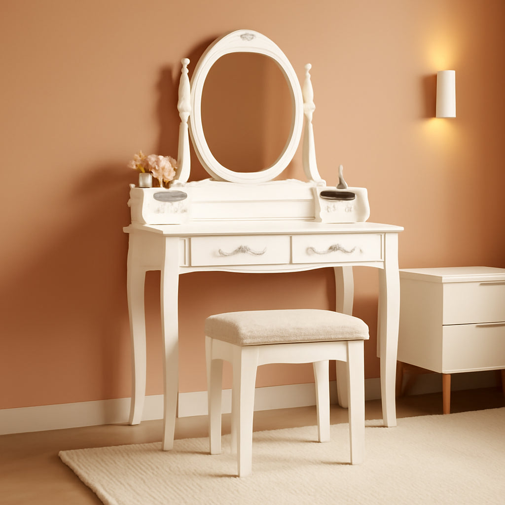 White Vanity Table Set With 360 Degree Rotating Mirror