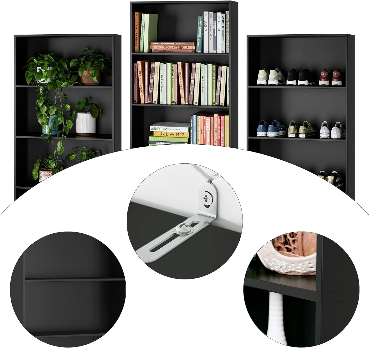 Six Tier Open Bookcase Tall Freestanding Shelving Black