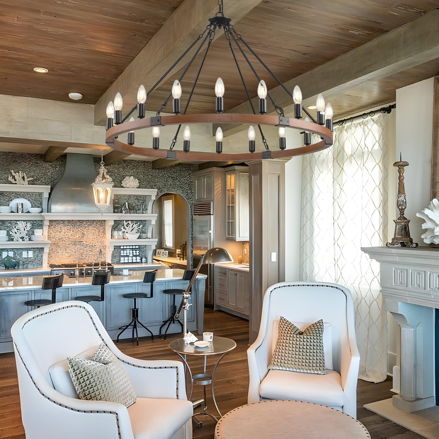 38 Inches Rustic Wooden Wagon Wheel Chandelier Black-3