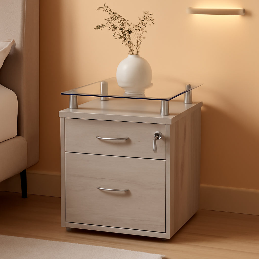 Two Drawer Rolling File Cabinet With Lock And Glass Top Under Desk Printer Stand Grey Office Furniture