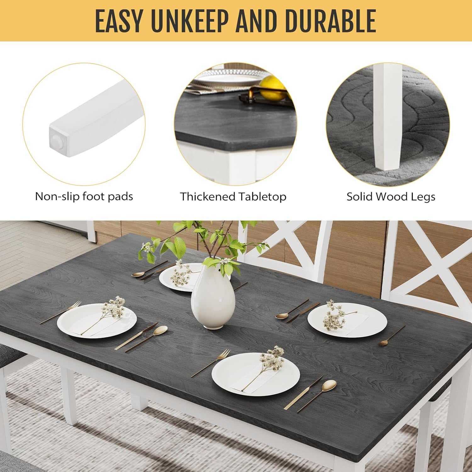 White Slate Grey Solid Wood Contemporary Dining Table Six Seater