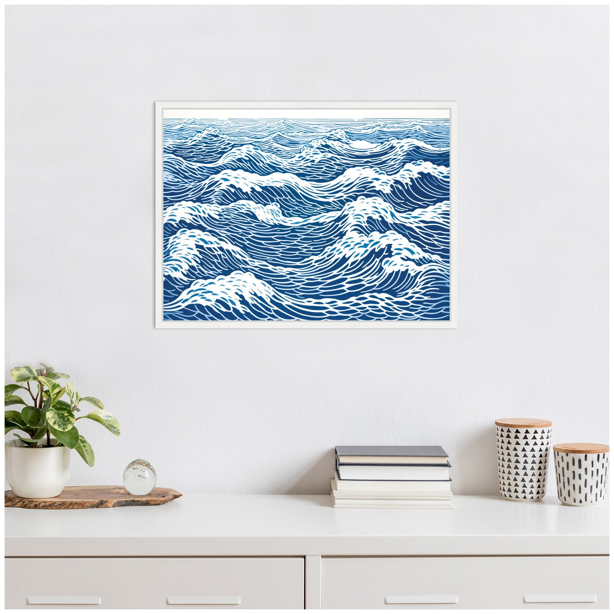 Sylvie Linocut Abstract Waves Blue and White Framed Canvas by The Creative Bunch Studio