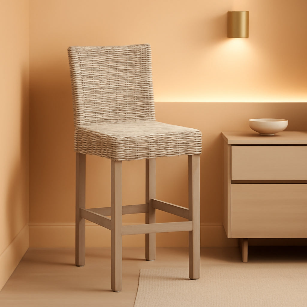 Grey Wash Rattan 30 Inch Bar Stool With Parsons Legs