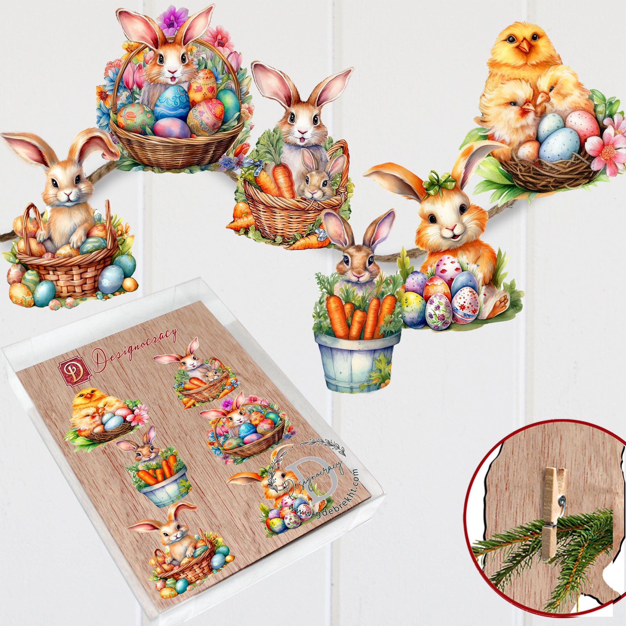 Eggs and Bunnies Decorative Wooden Clip-on Ornaments Set of 6 by G. Debrekht | Easter Décor - 8090057C-S6-4