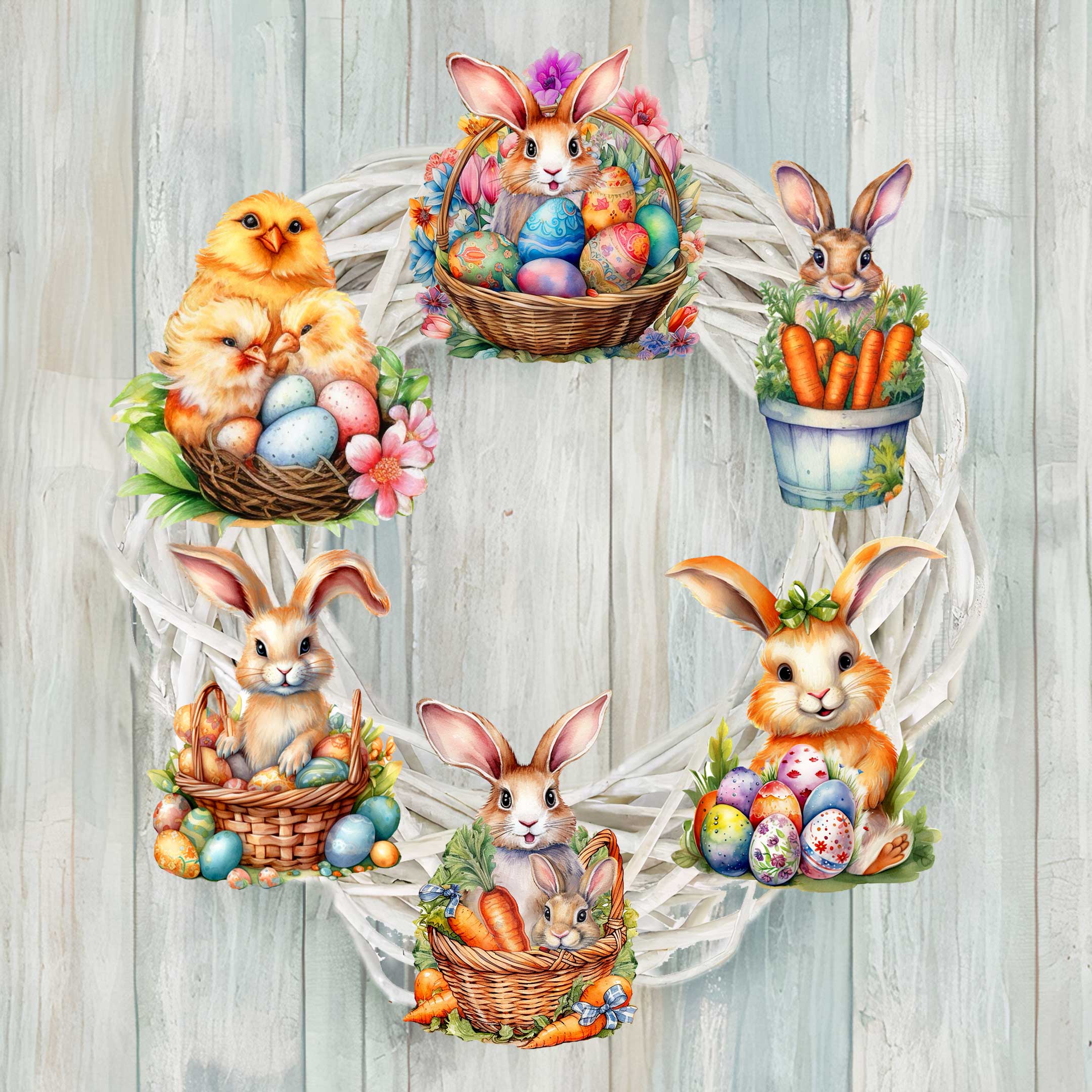 Eggs and Bunnies Decorative Wooden Clip-on Ornaments Set of 6 by G. Debrekht | Easter Décor - 8090057C-S6-0