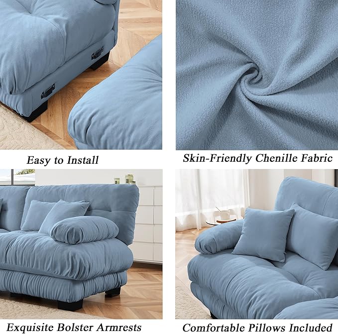 Modular Sectional Sofa, Comfy Cloud Couch Oversized Loveseat, Sectional Couches for Living Room, Modern Chenille Couch for Bedroom, Sleeper Deep Seat Sofa with Throw Pillows, Blue