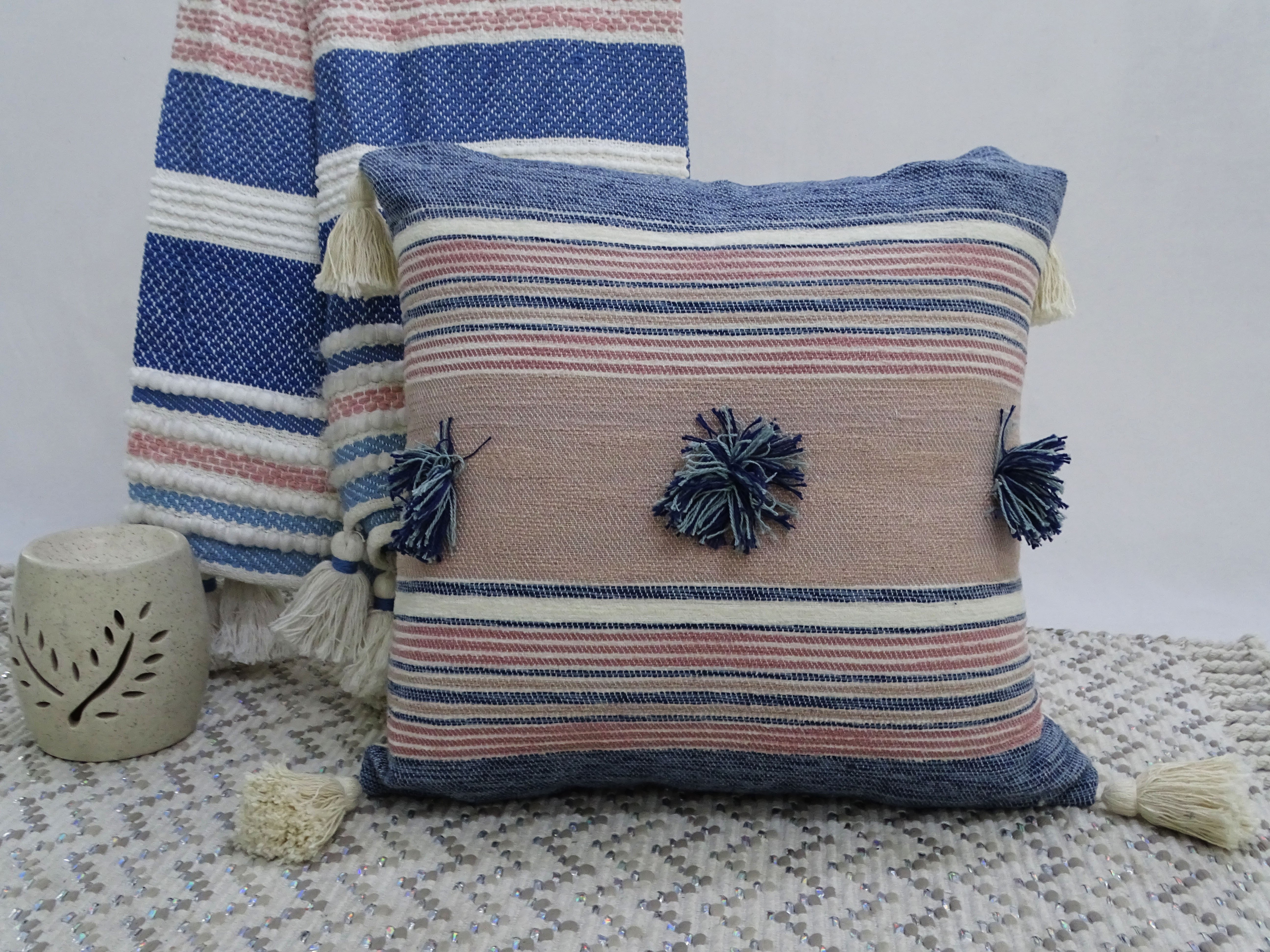 Throw Pillow with Tassels and Pom-Poms 20" x 20" Insert Included