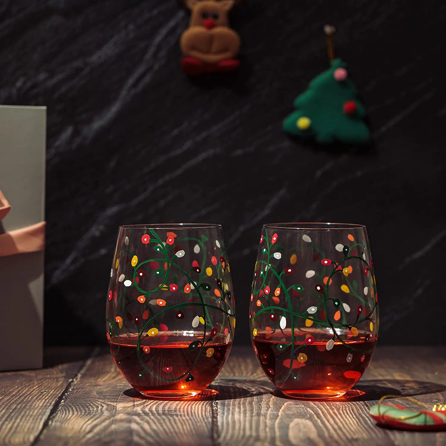 Themed Lights Stemless Wine & Water Glasses - Artisanal Hand Painted Ornament Light Bulbs Glasses - Xmas Tree - Set of 2, 17.5oz - Santa Festive Theme Stemless Glass-1