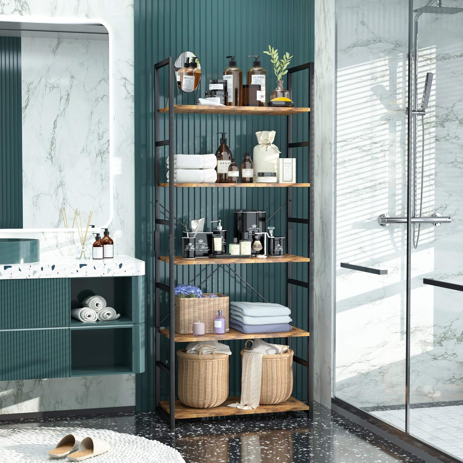 Tall 5 Shelf Vintage Bookcase With Metal Frame Storage