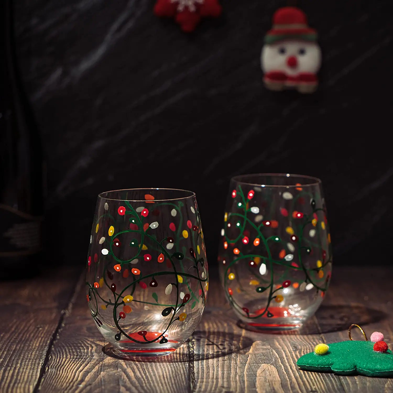 Themed Lights Stemless Wine & Water Glasses - Artisanal Hand Painted Ornament Light Bulbs Glasses - Xmas Tree - Set of 2, 17.5oz - Santa Festive Theme Stemless Glass-2