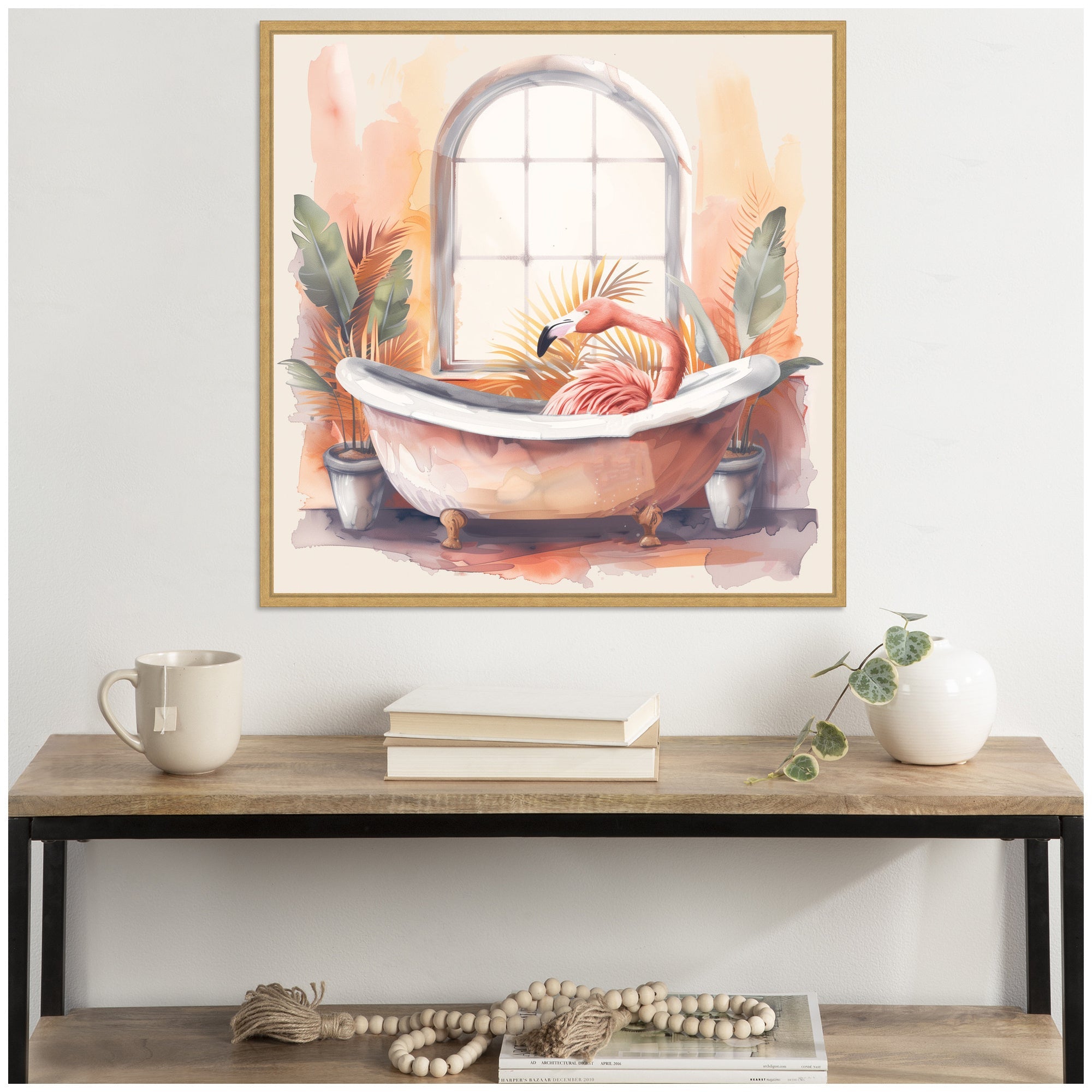 Sylvie Flamingo Bath Pastel Tropical Bathroom Watercolor Framed Canvas by The Creative Bunch Studio